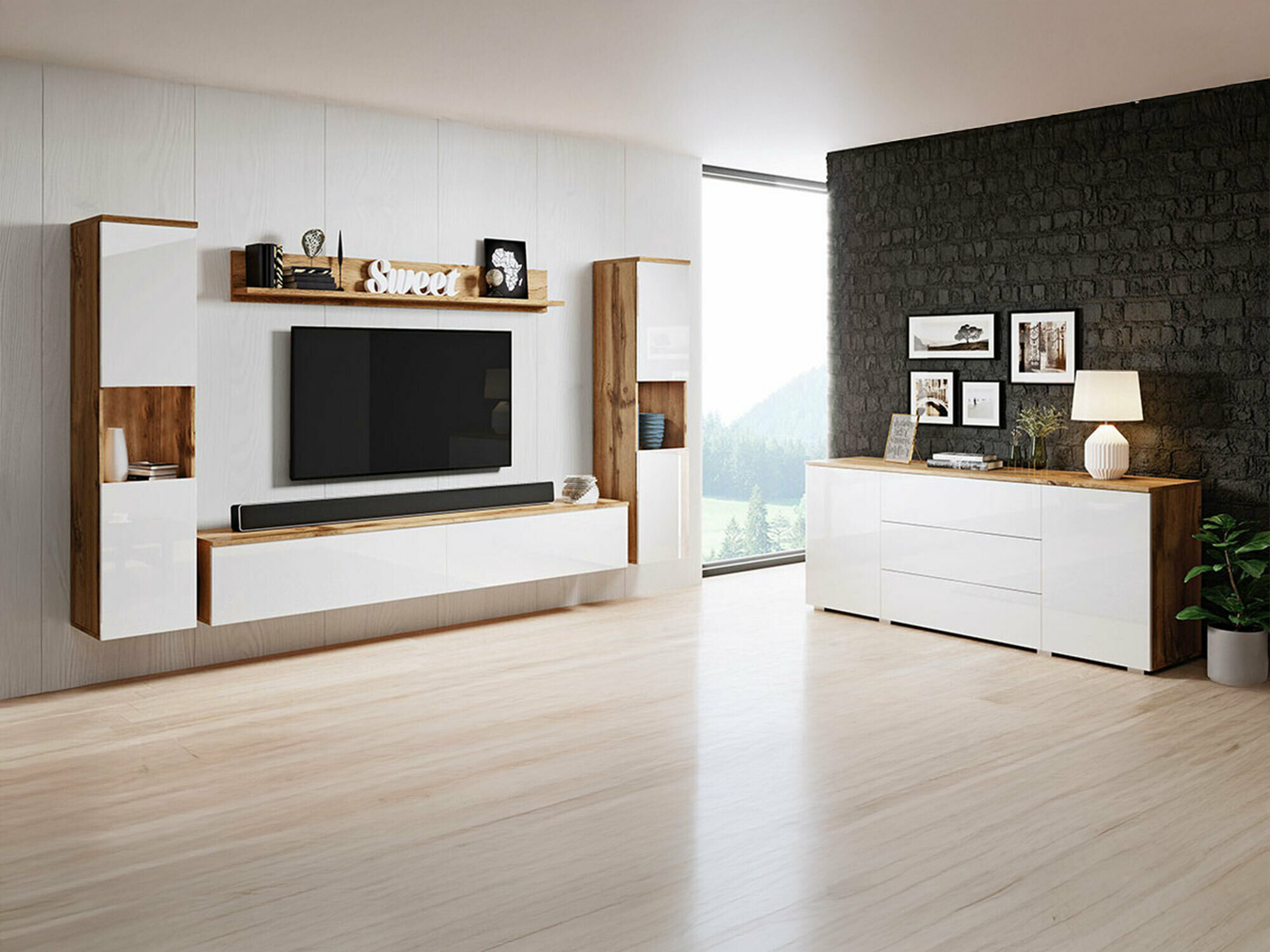 Parete attrezzata Sarasota 133 (Quercia di Wotan + Bianco lucido)