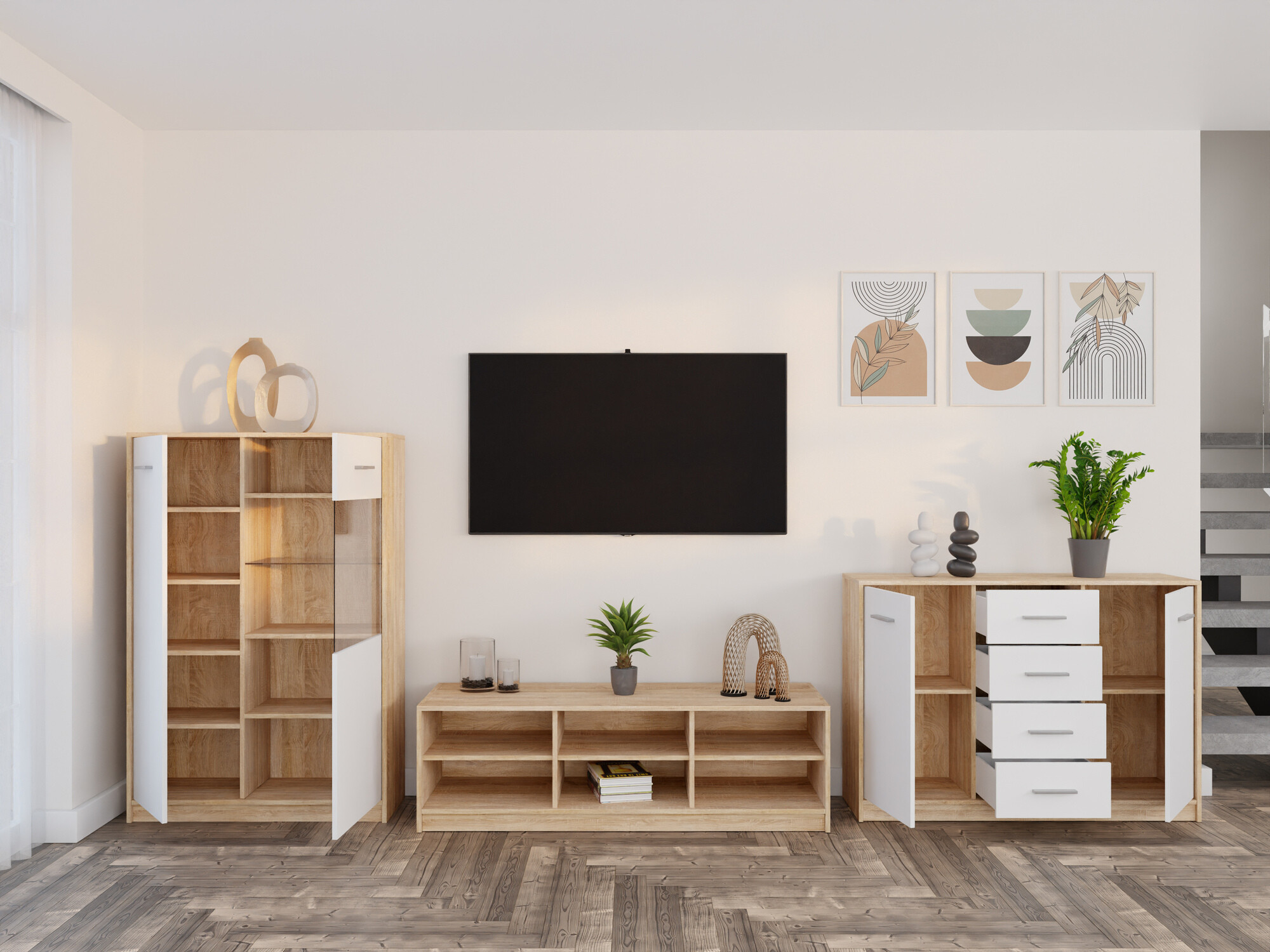 Parete attrezzata Novsore 165 (Sonoma quercia + Bianco)