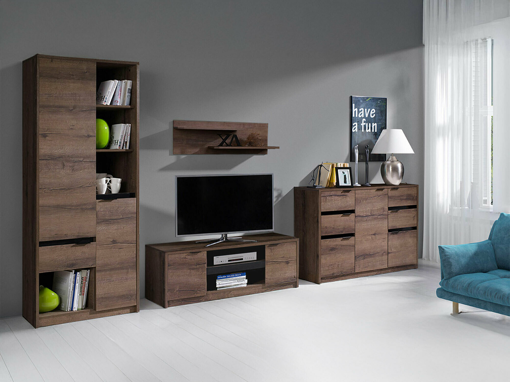 Parete attrezzata Fivelbo 117 (Quercia del Monastery + Nero lucido)