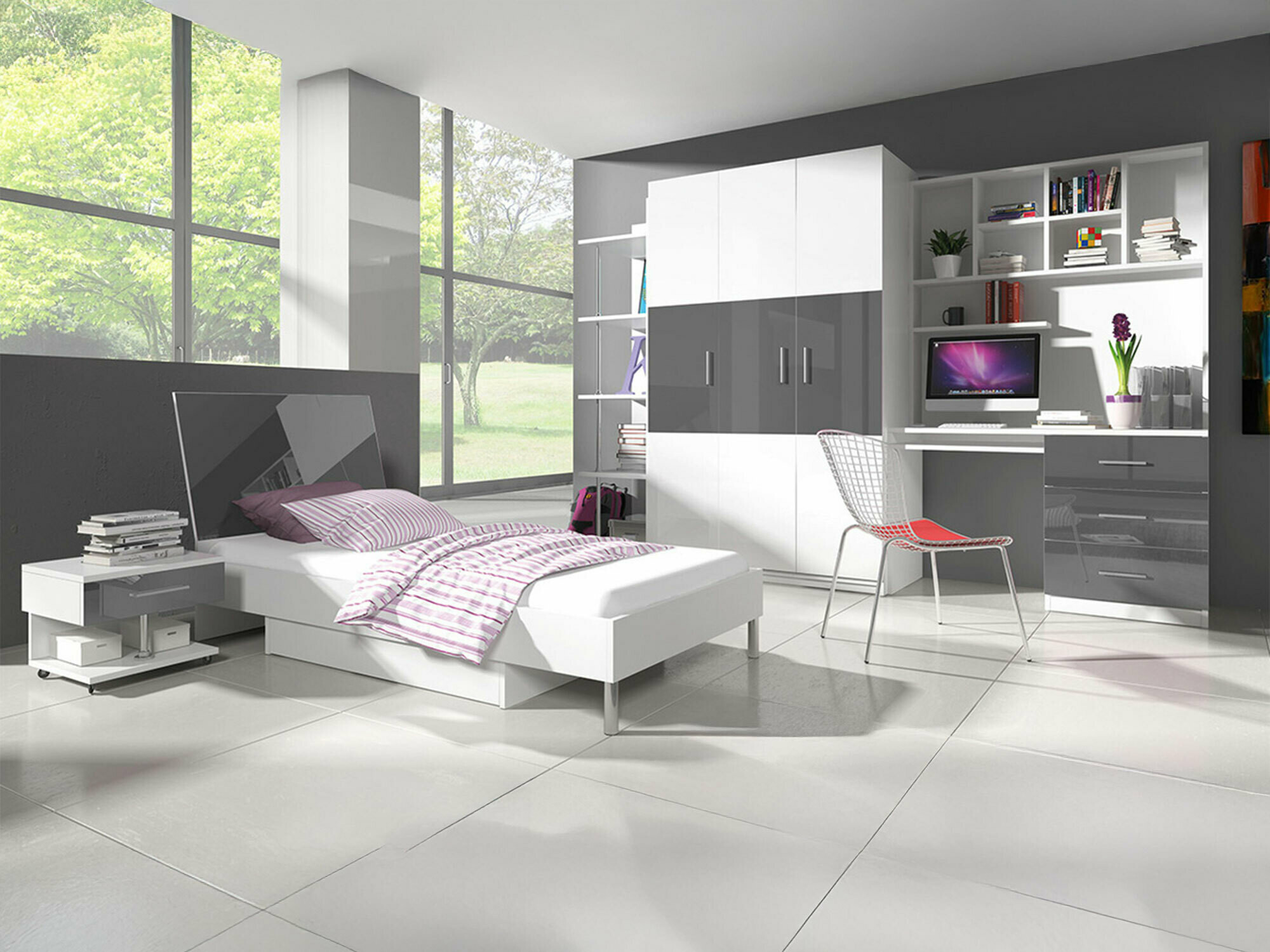 Set Camerette per bambini Campus (Bianco lucido + Grigio lucido)