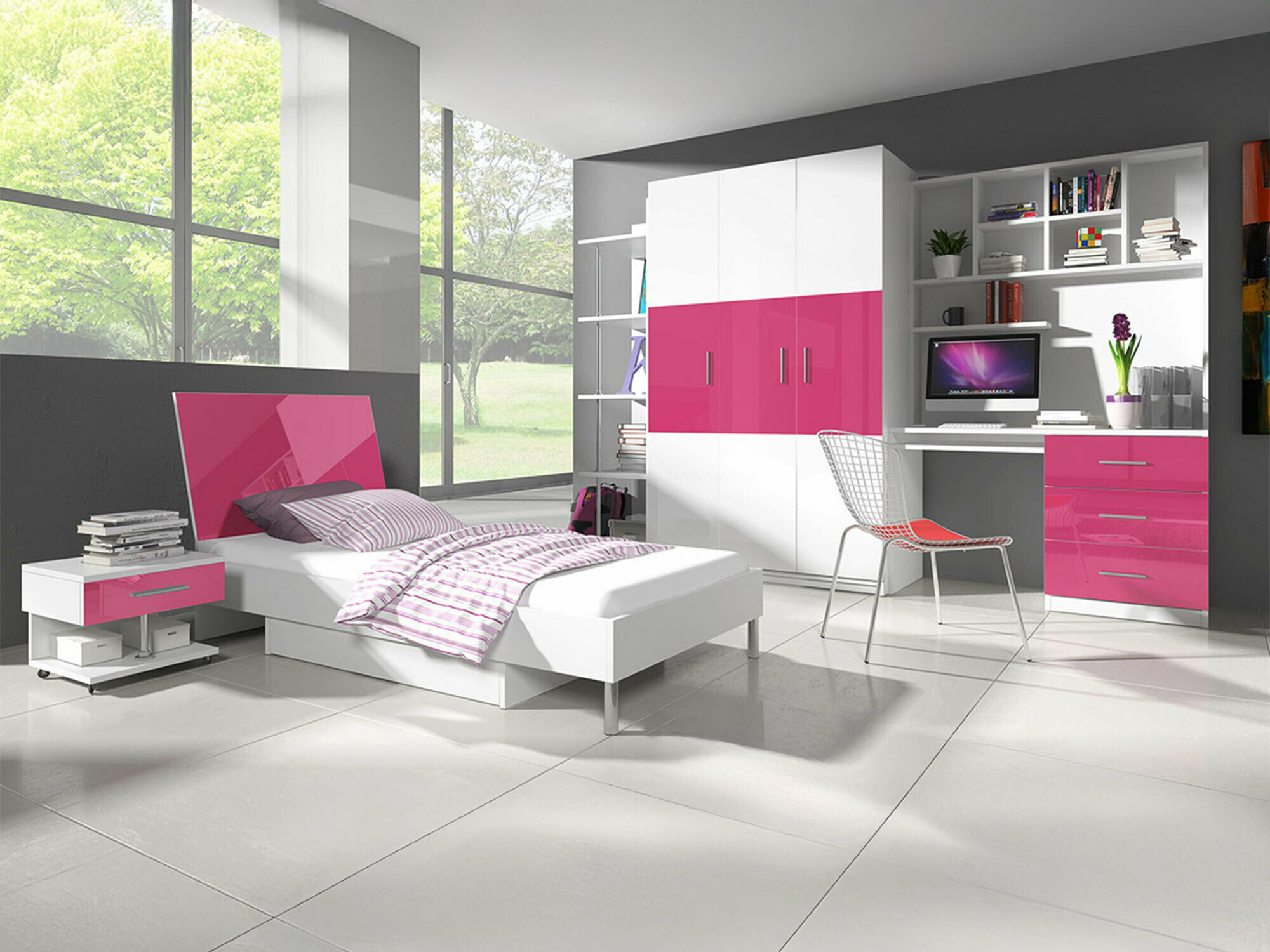 Set Camerette per bambini Campus (Bianco lucido + Rosa lucido)