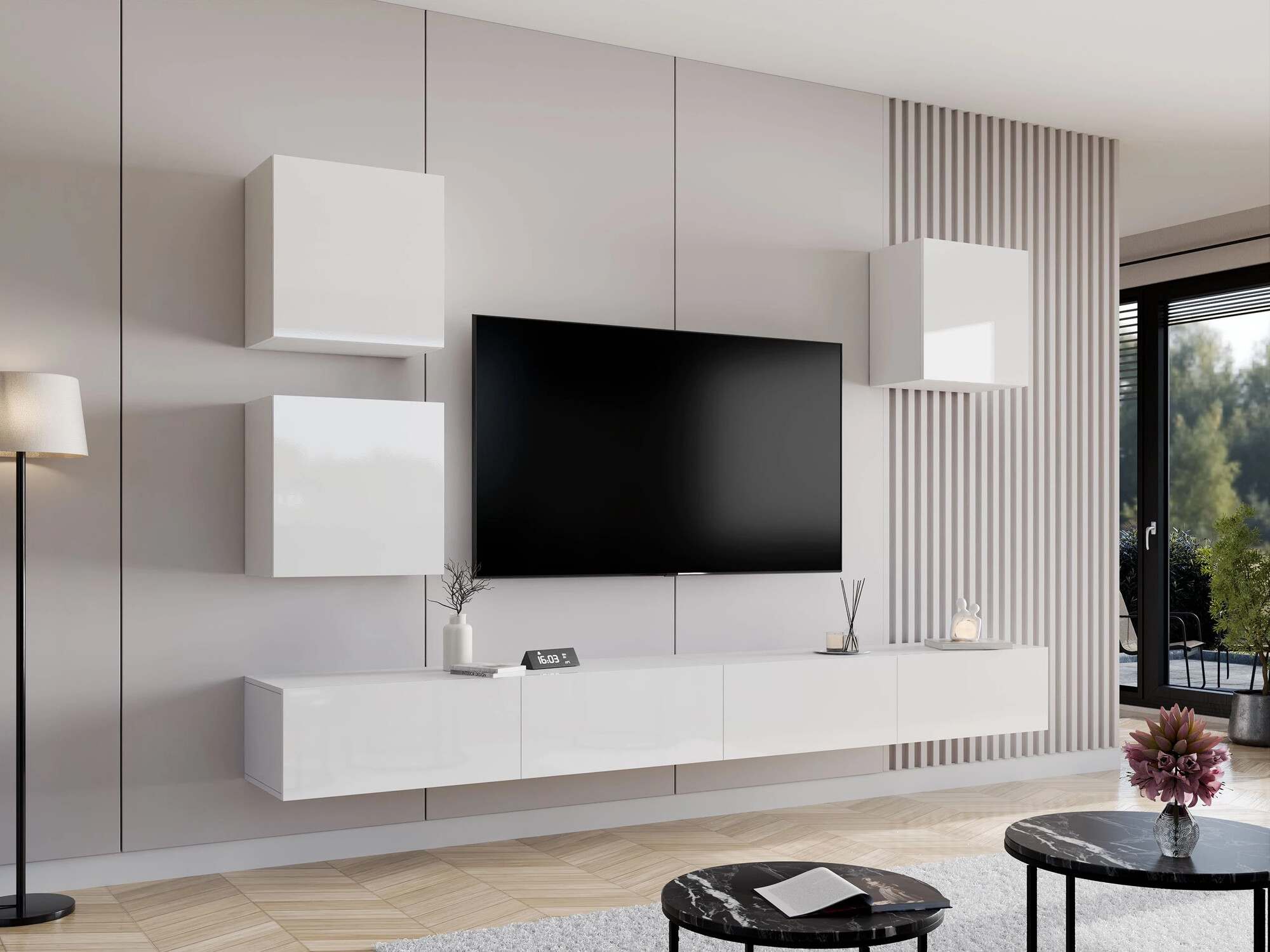 Parete attrezzata Venenou 108 (Bianco + Bianco lucido)