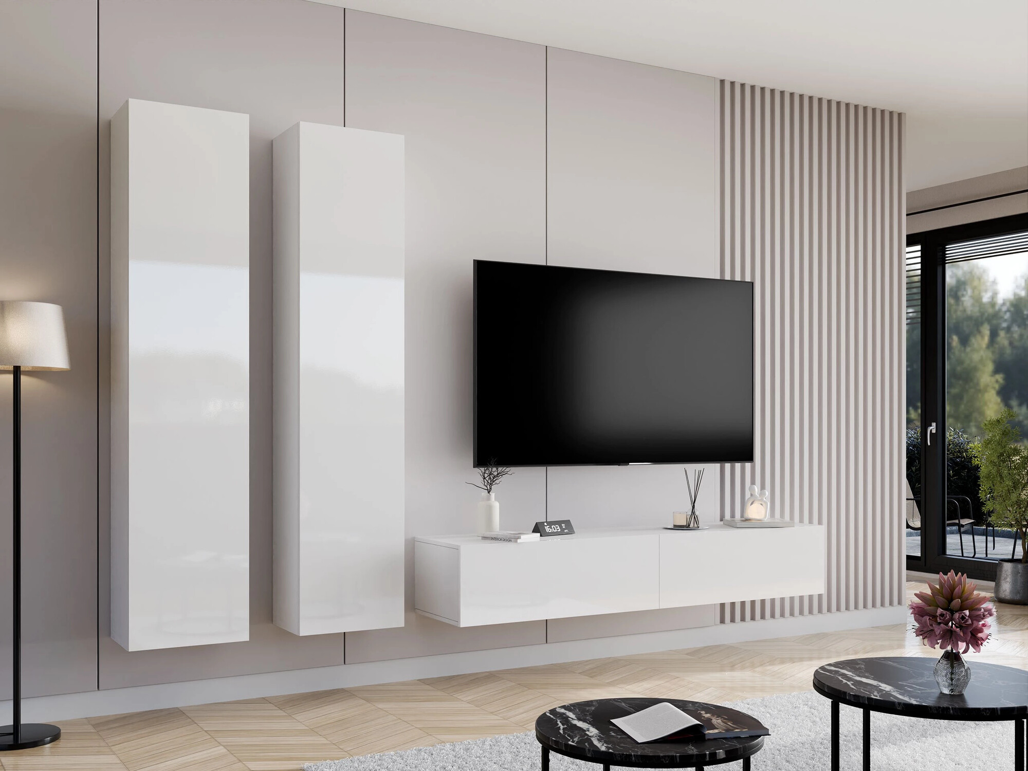 Parete attrezzata Vilrin II (Bianco + Bianco lucido)