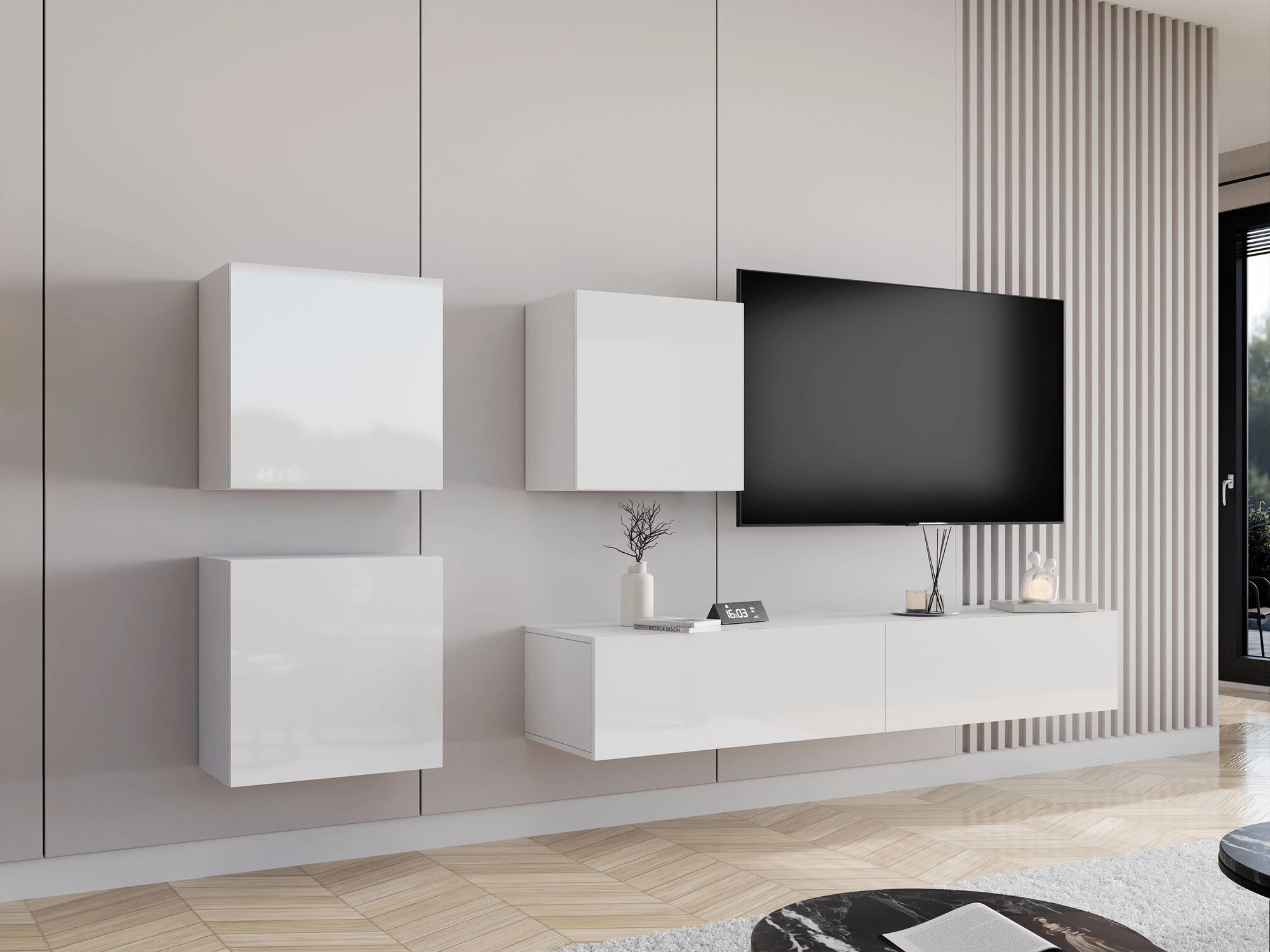 Parete attrezzata Vilrin IV (Bianco + Bianco lucido)