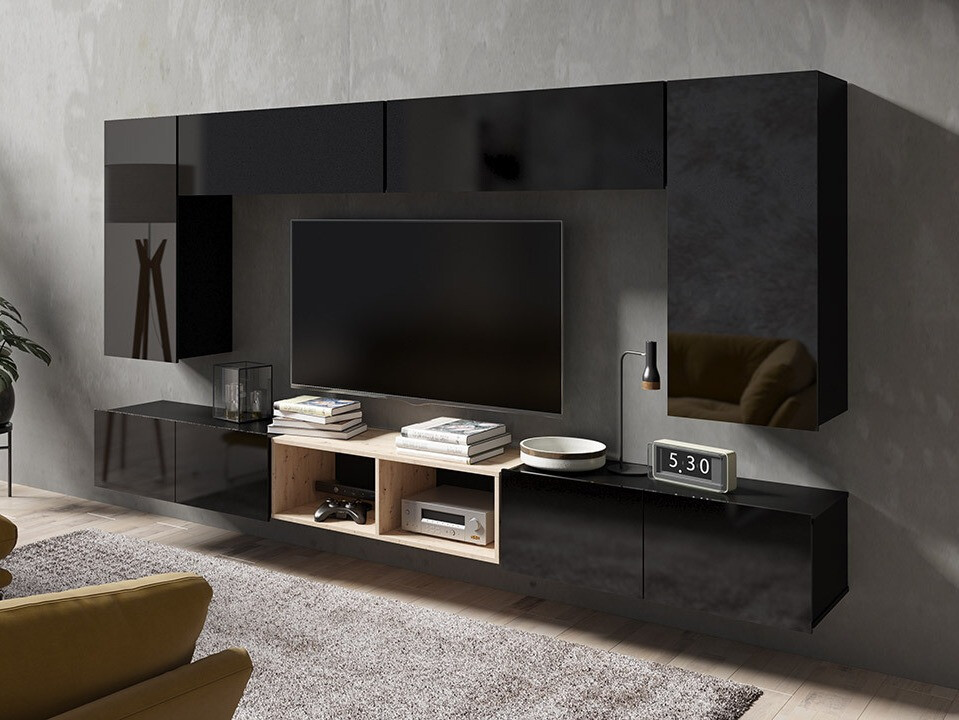Parete attrezzata Remus XXIII (Nero + Nero lucido + Rovere Artisan)