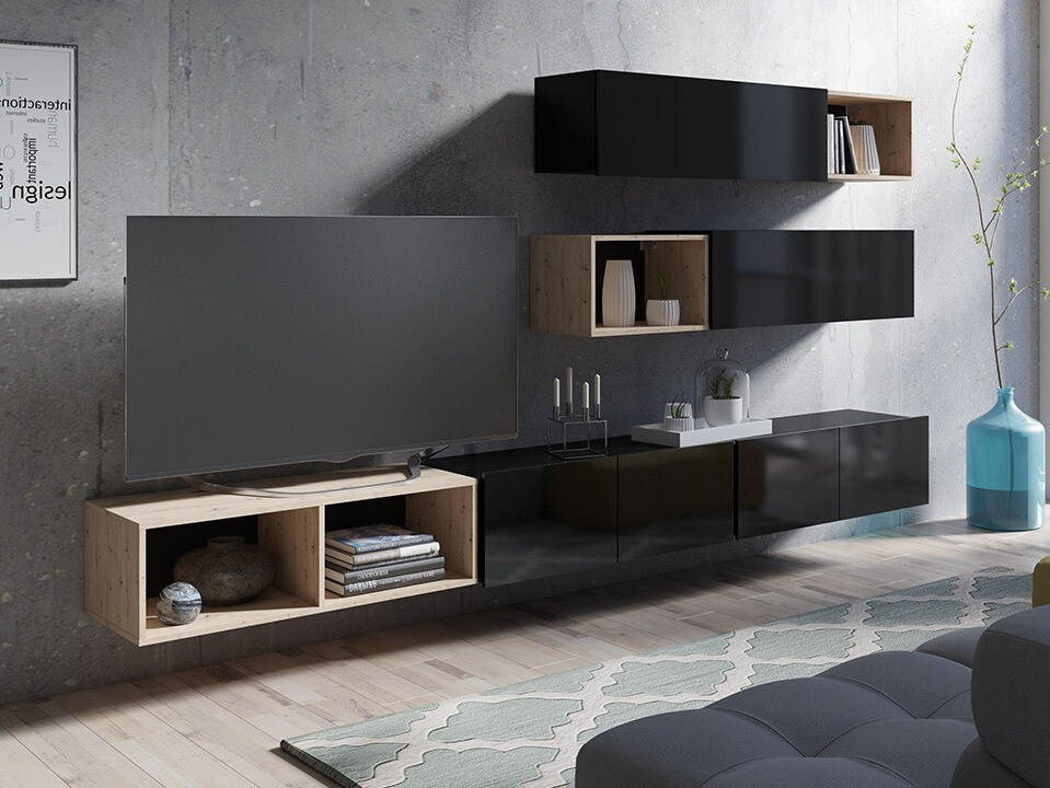 Parete attrezzata Remus XXV (Nero + Nero lucido + Rovere Artisan)
