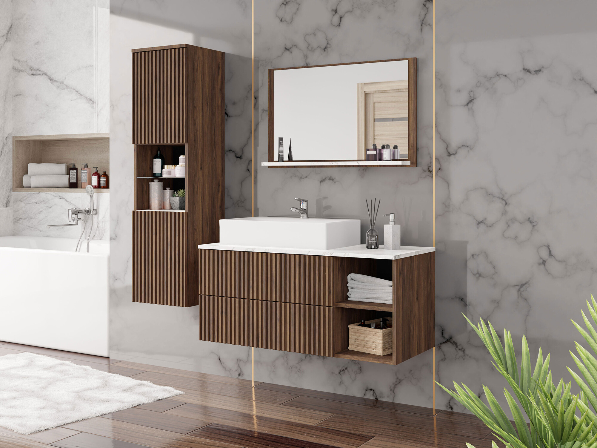 Set bagno Nauta I (Noce + Marmo bianco)