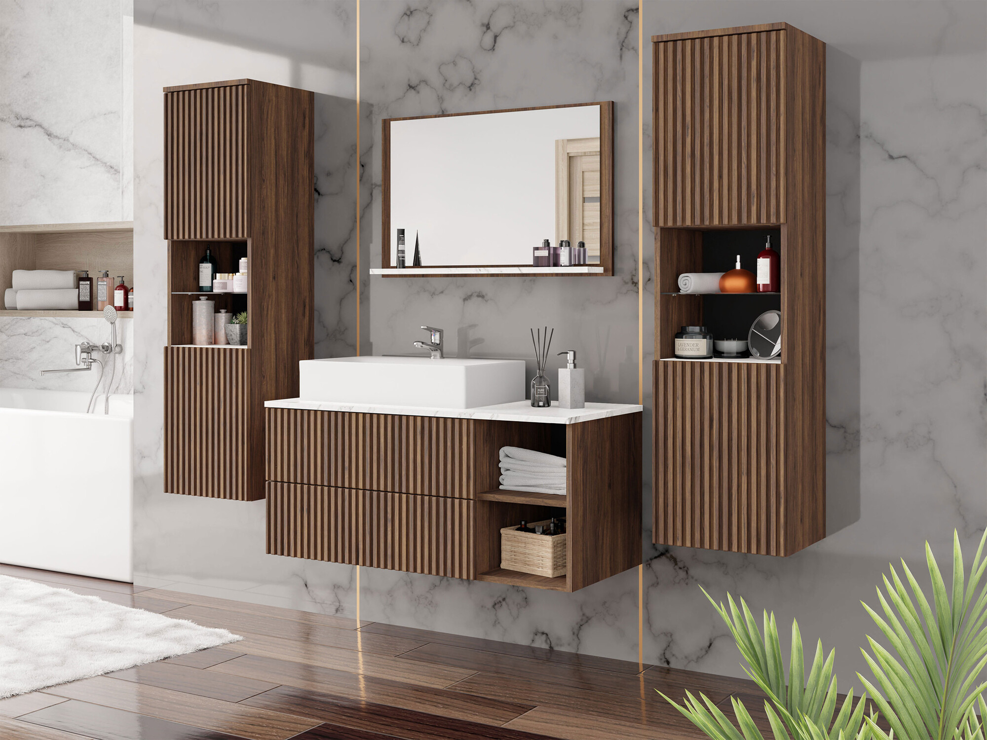 Set bagno Nauta II (Noce + Marmo bianco)