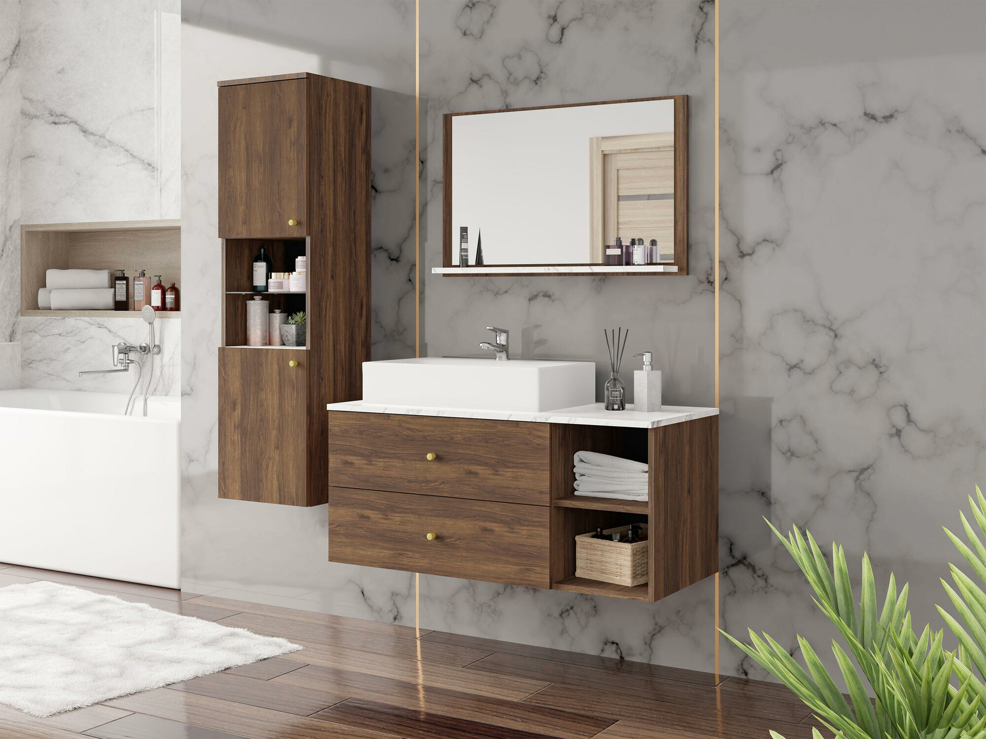 Set bagno Salus II (Noce + Marmo bianco)