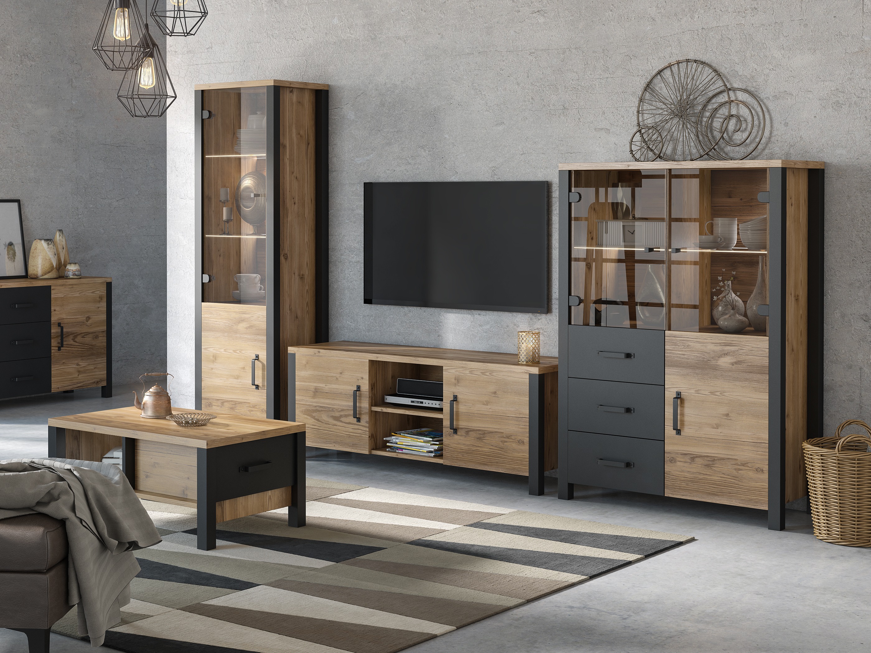 Parete attrezzata Tornua 113 (Abete scuro + Nero opaco)