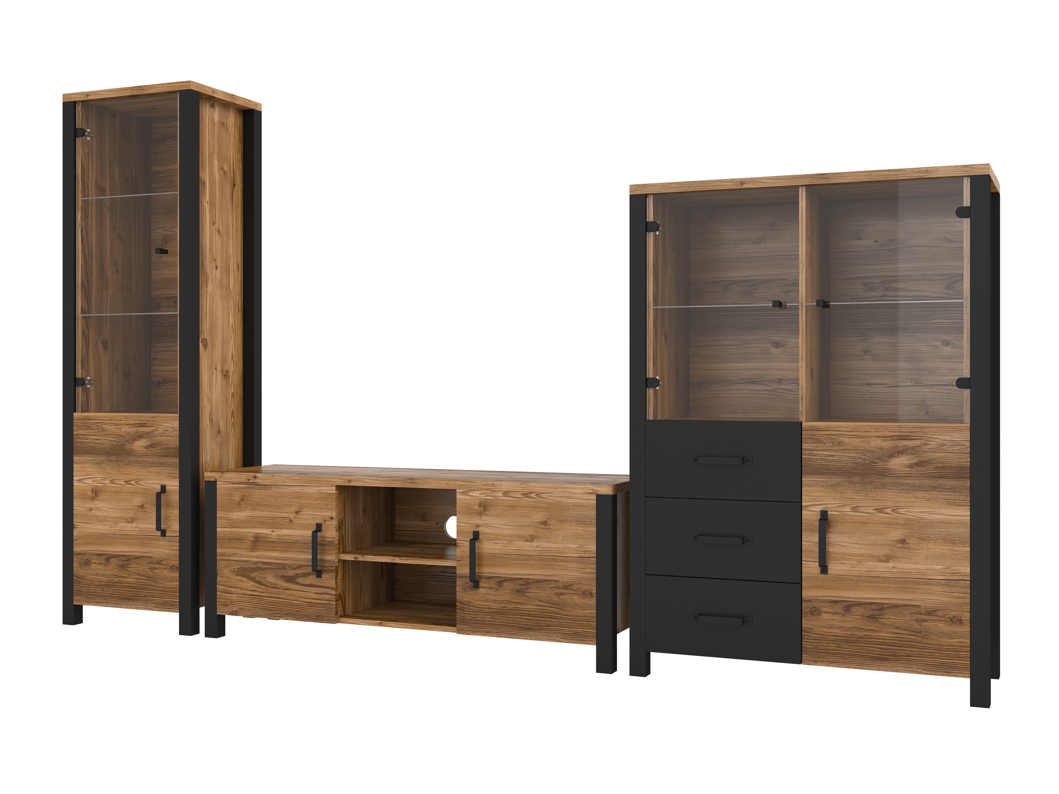 Parete attrezzata Tornua 113 (Abete scuro + Nero opaco)