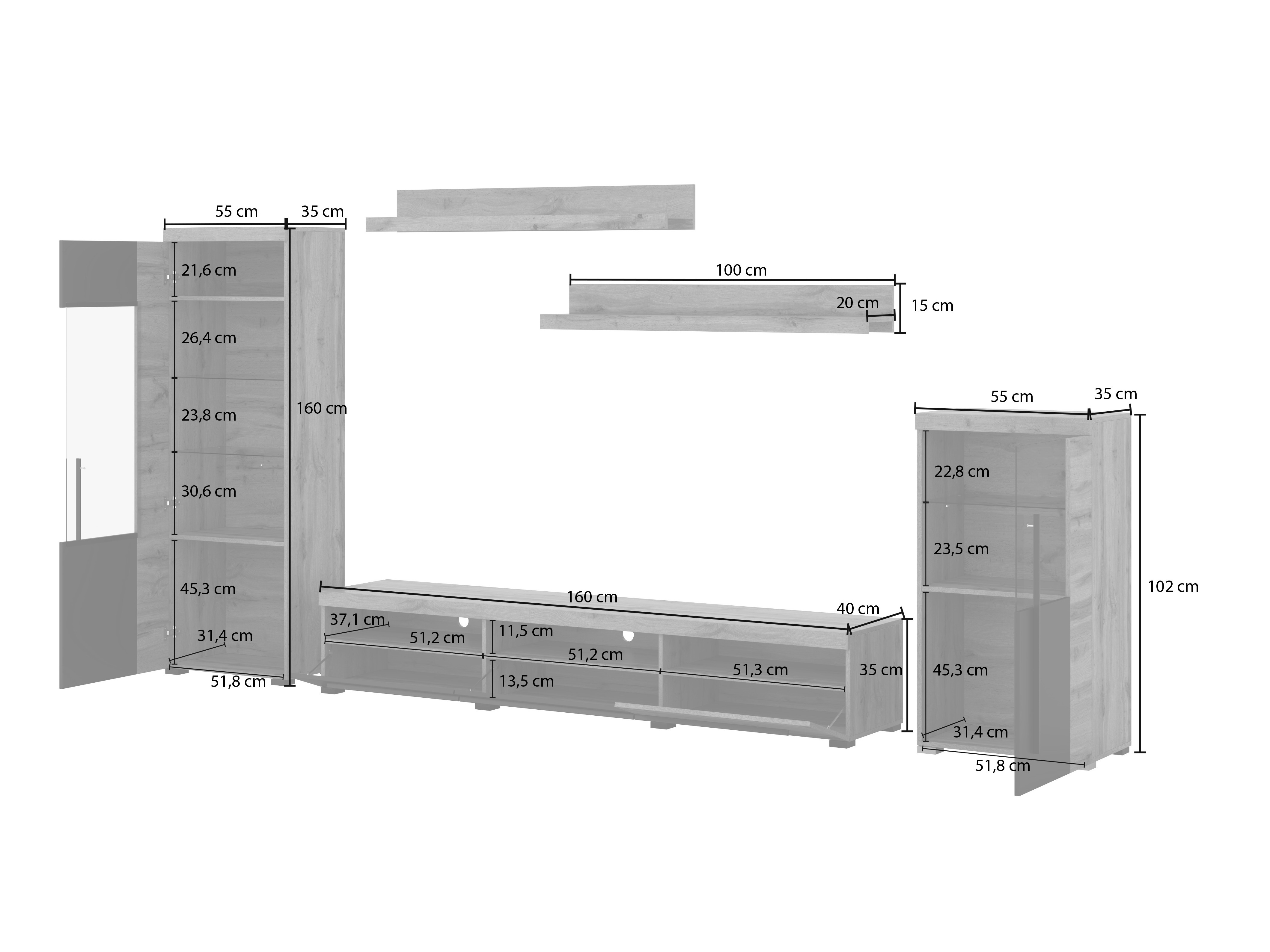 Parete attrezzata Sorciro 103 (Nero + Quercia di Wotan)