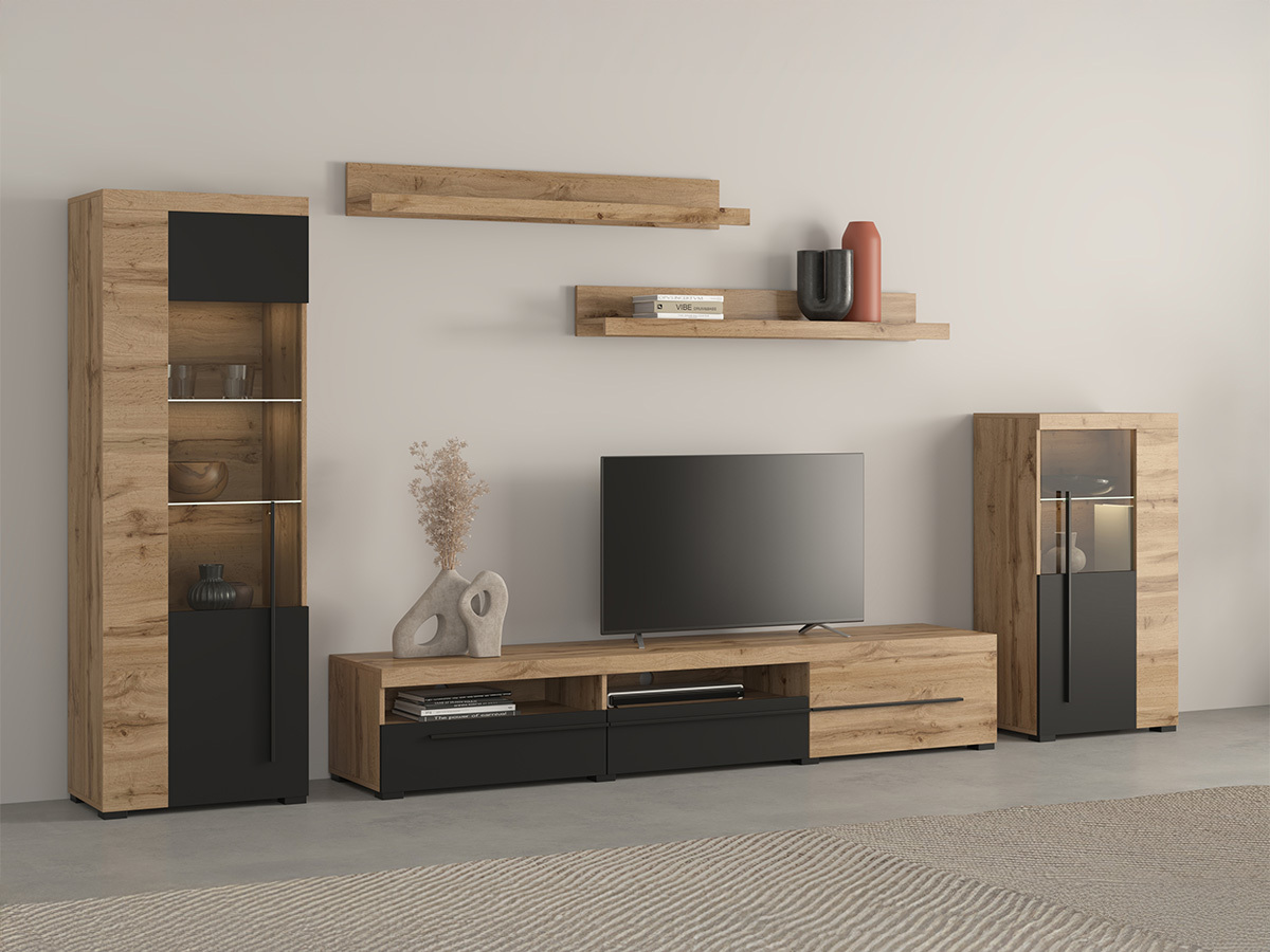 Parete attrezzata Sorciro 103 (Nero + Quercia di Wotan)