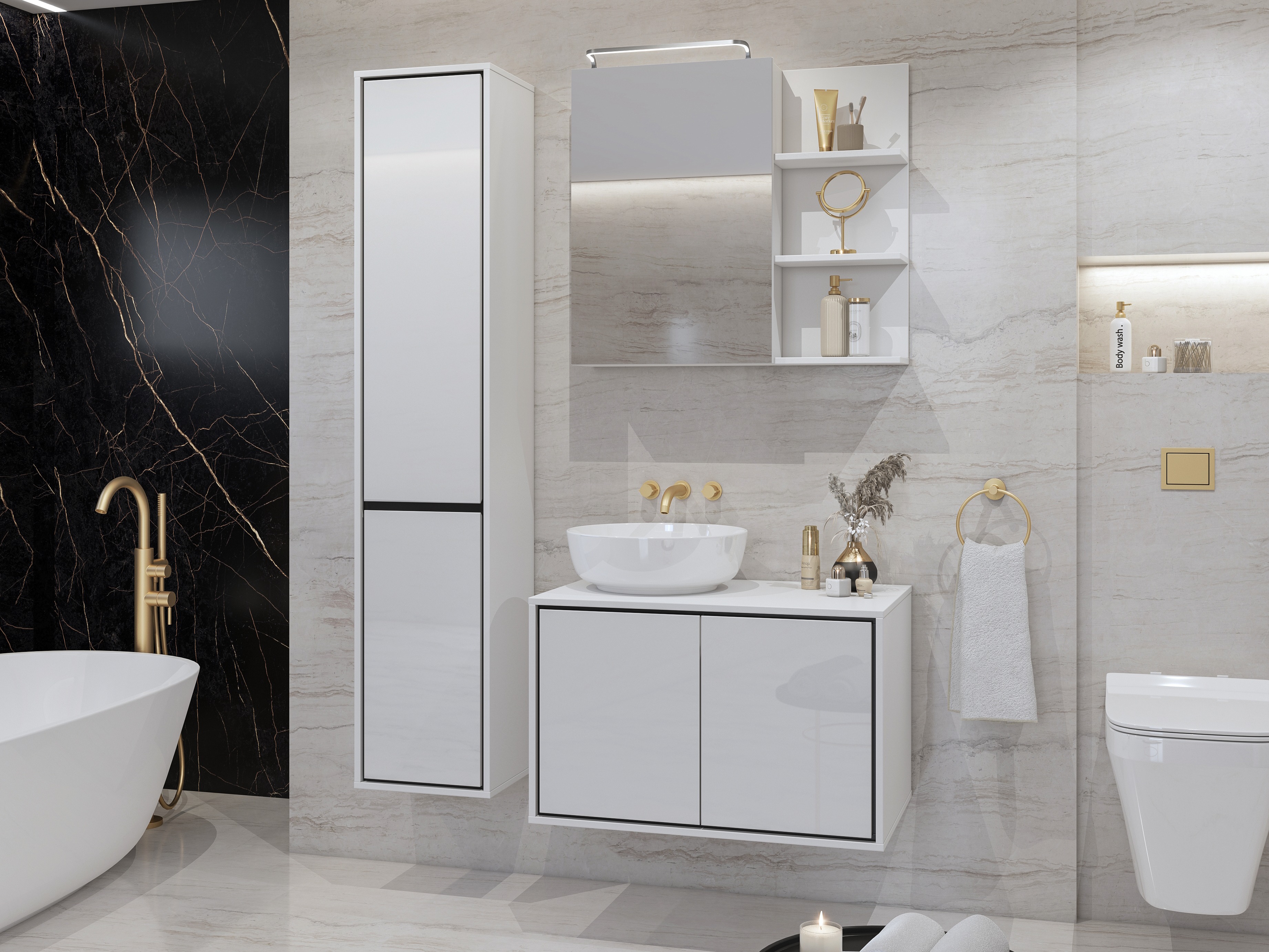 Armadietto a specchio da bagno Tecavu 102 (Bianco lucido + Bianco)