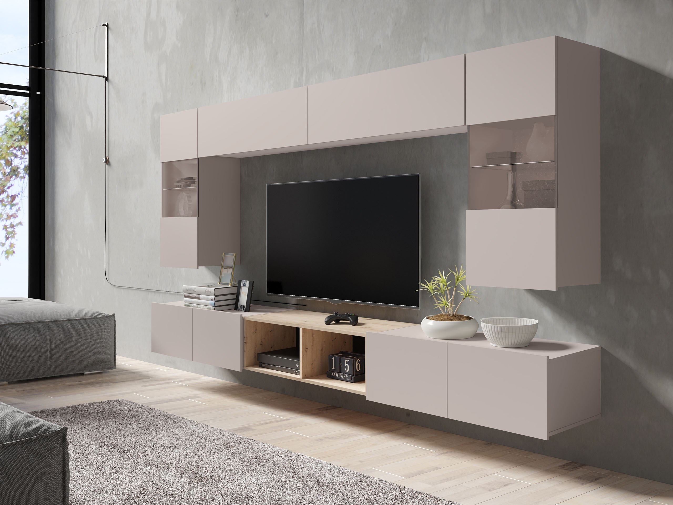 Parete attrezzata Remus XXIV (Cachemire + Rovere Artisan)
