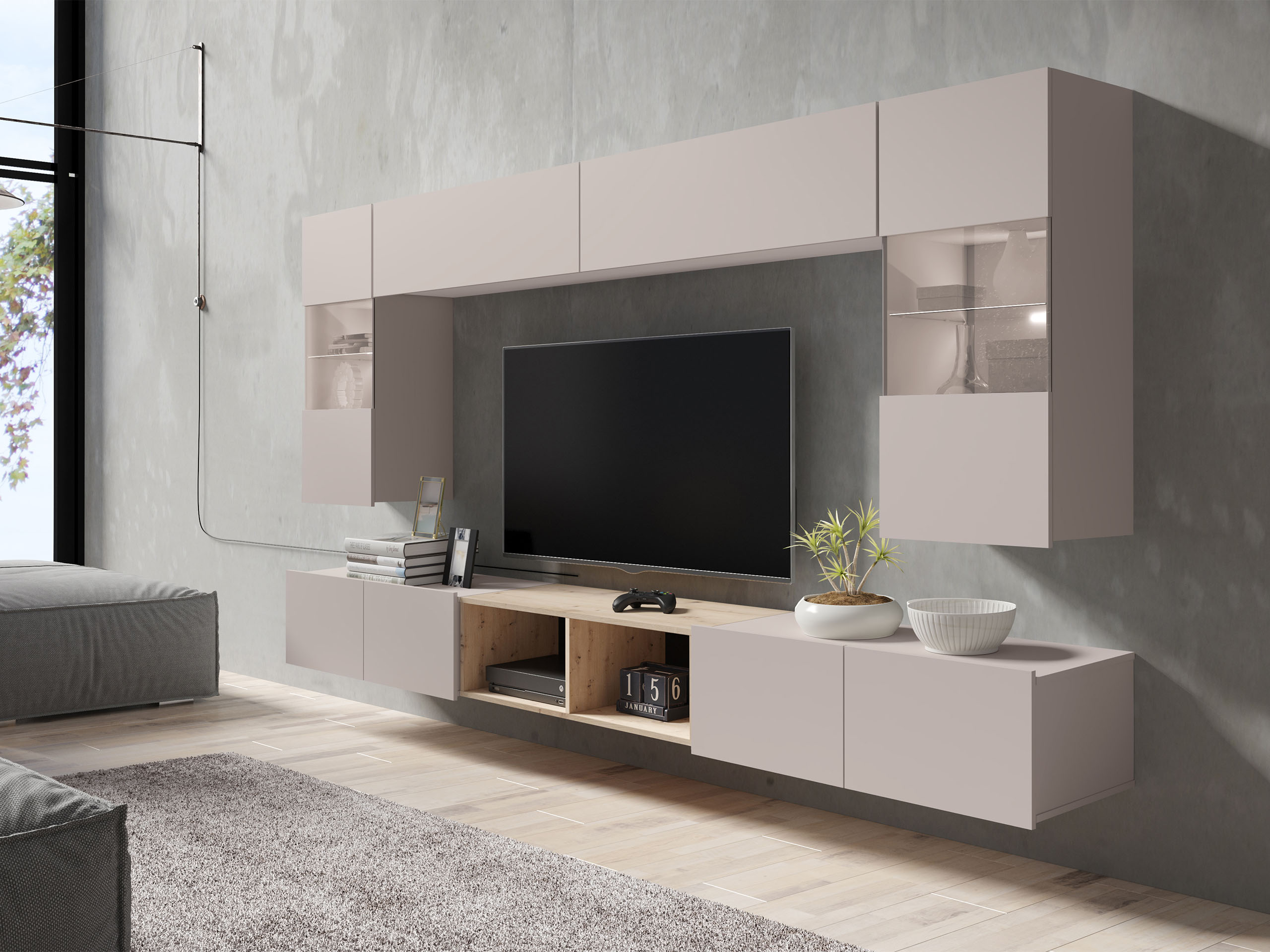 Parete attrezzata Remus XXIV (Cachemire + Rovere Artisan)