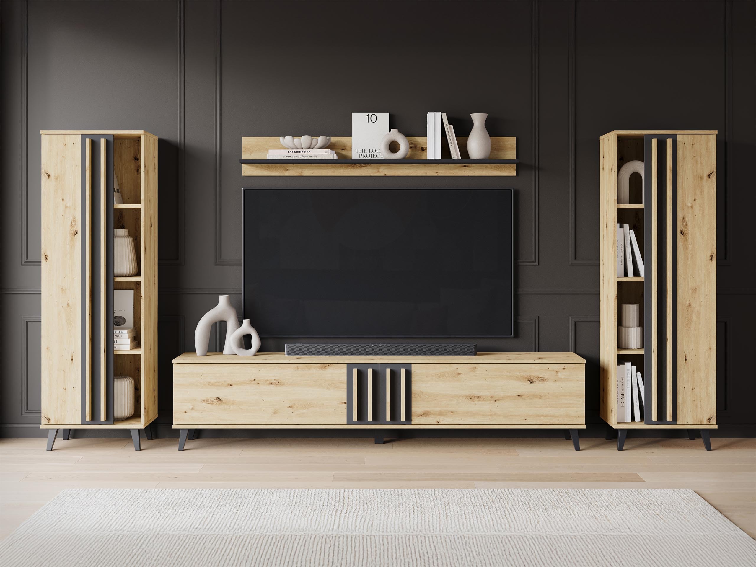 Parete attrezzata Facetor (Rovere Artisan + Grafite)