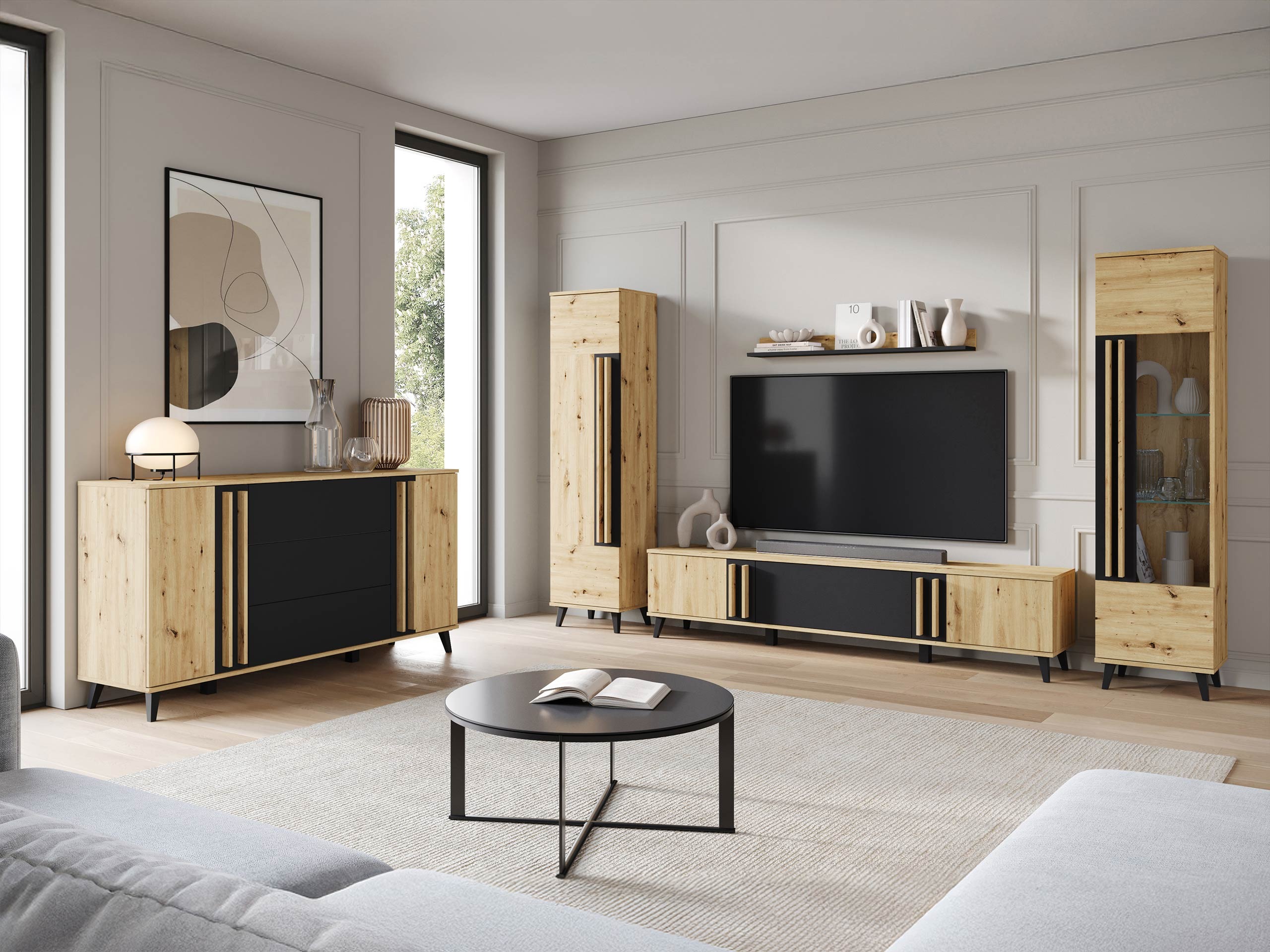 Parete attrezzata Facetor IV (Rovere Artisan + Grafite)