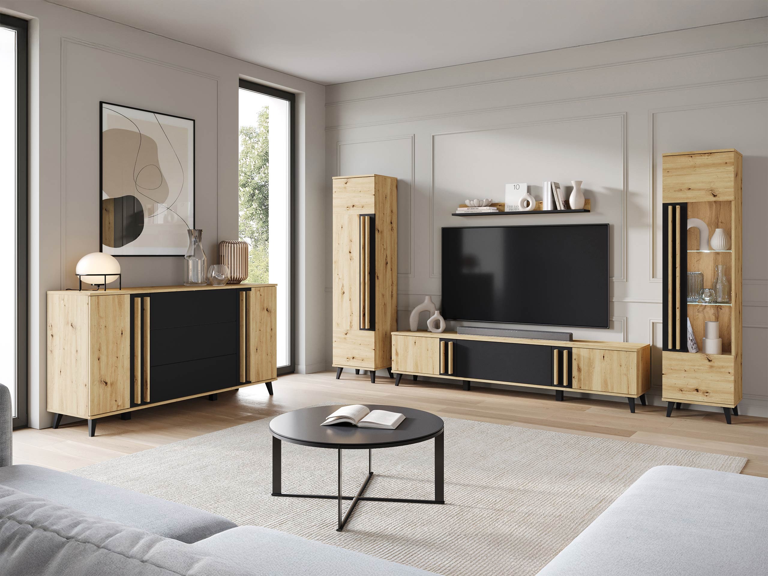 Parete attrezzata Facetor IV (Rovere Artisan + Grafite)