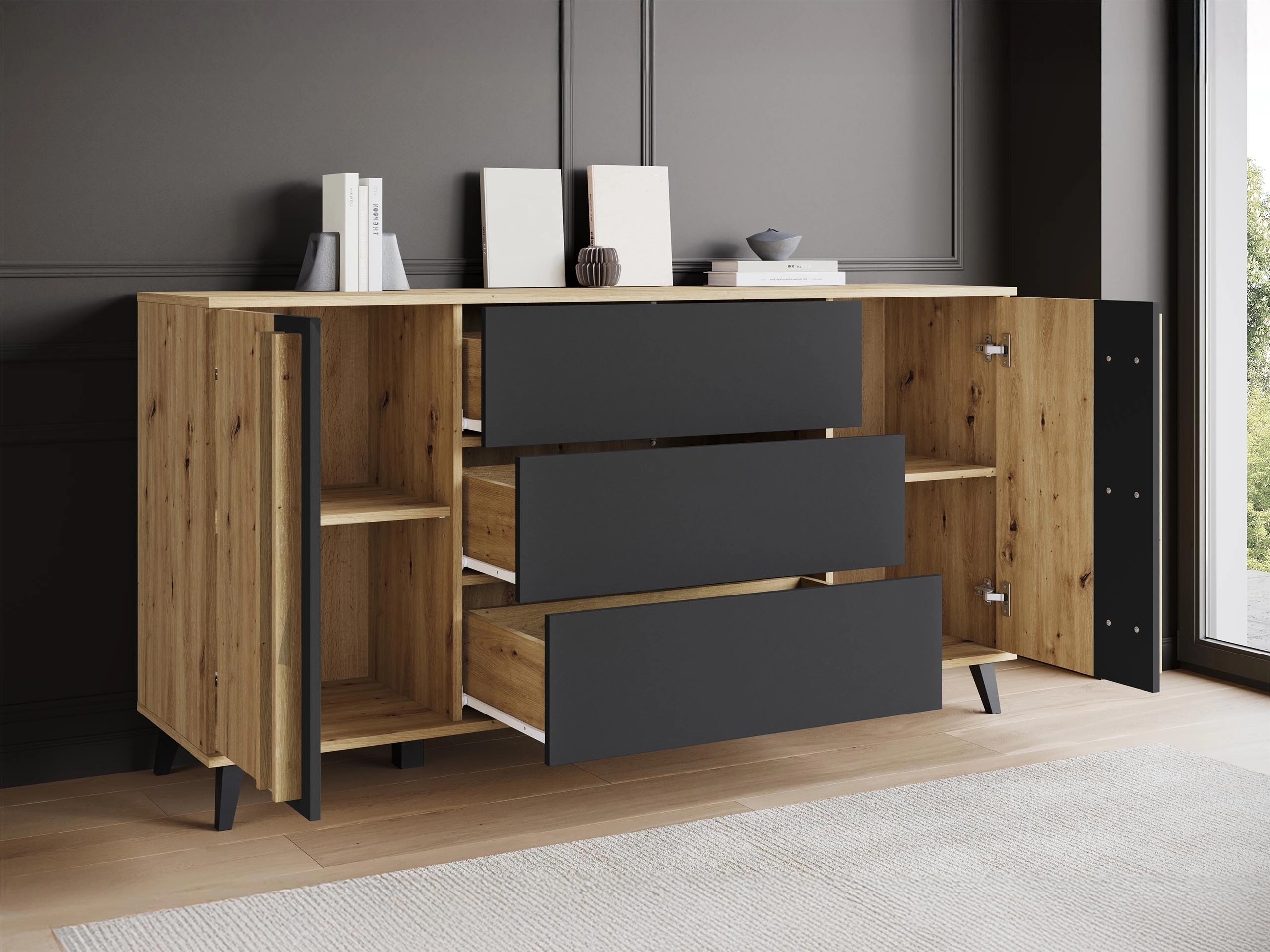 Parete attrezzata Temora 104 (Rovere Artisan + Grafite)