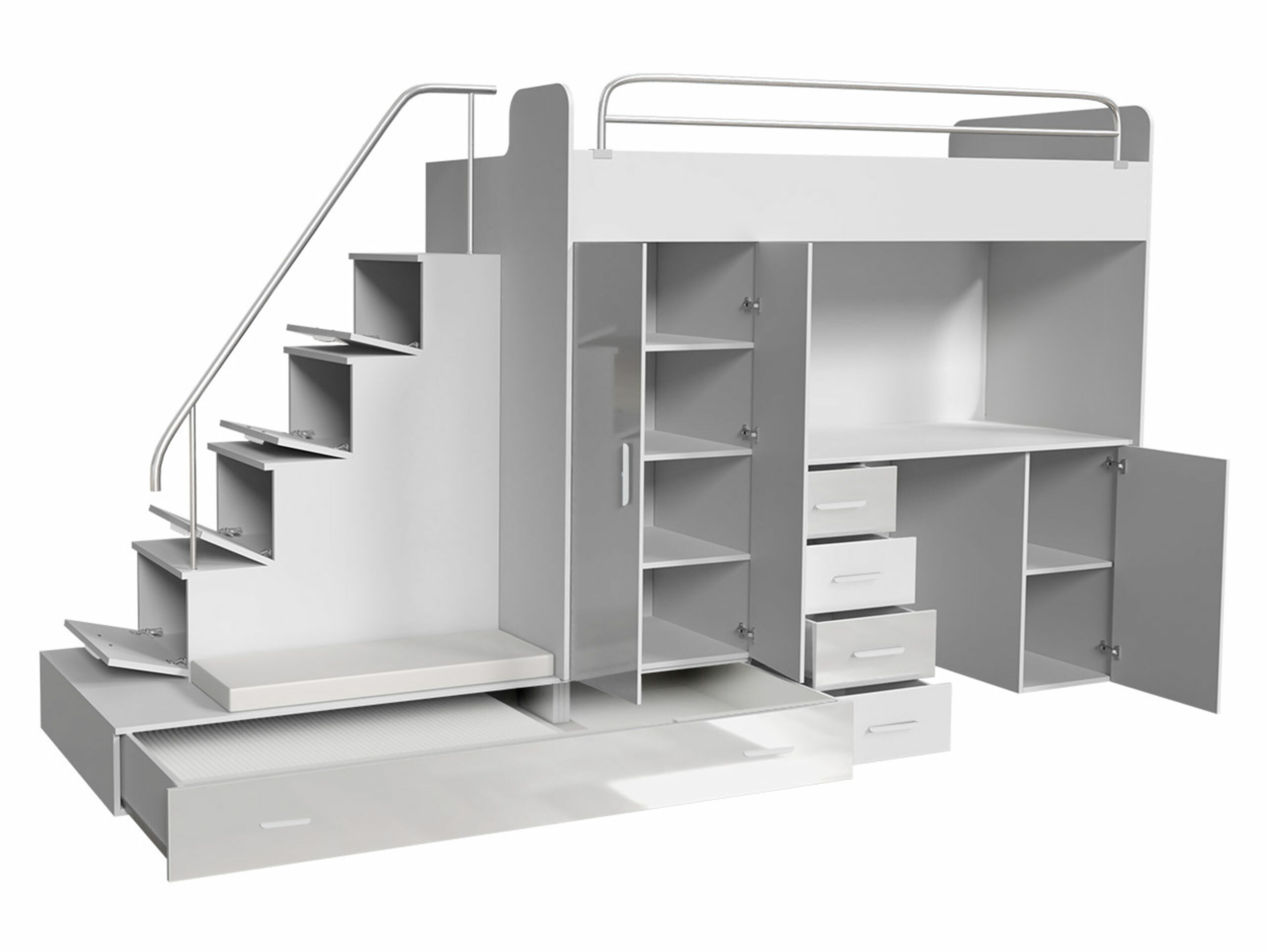 Set Camerette per bambini Campus I (Bianco + Bianco lucido + Grigio lucido)