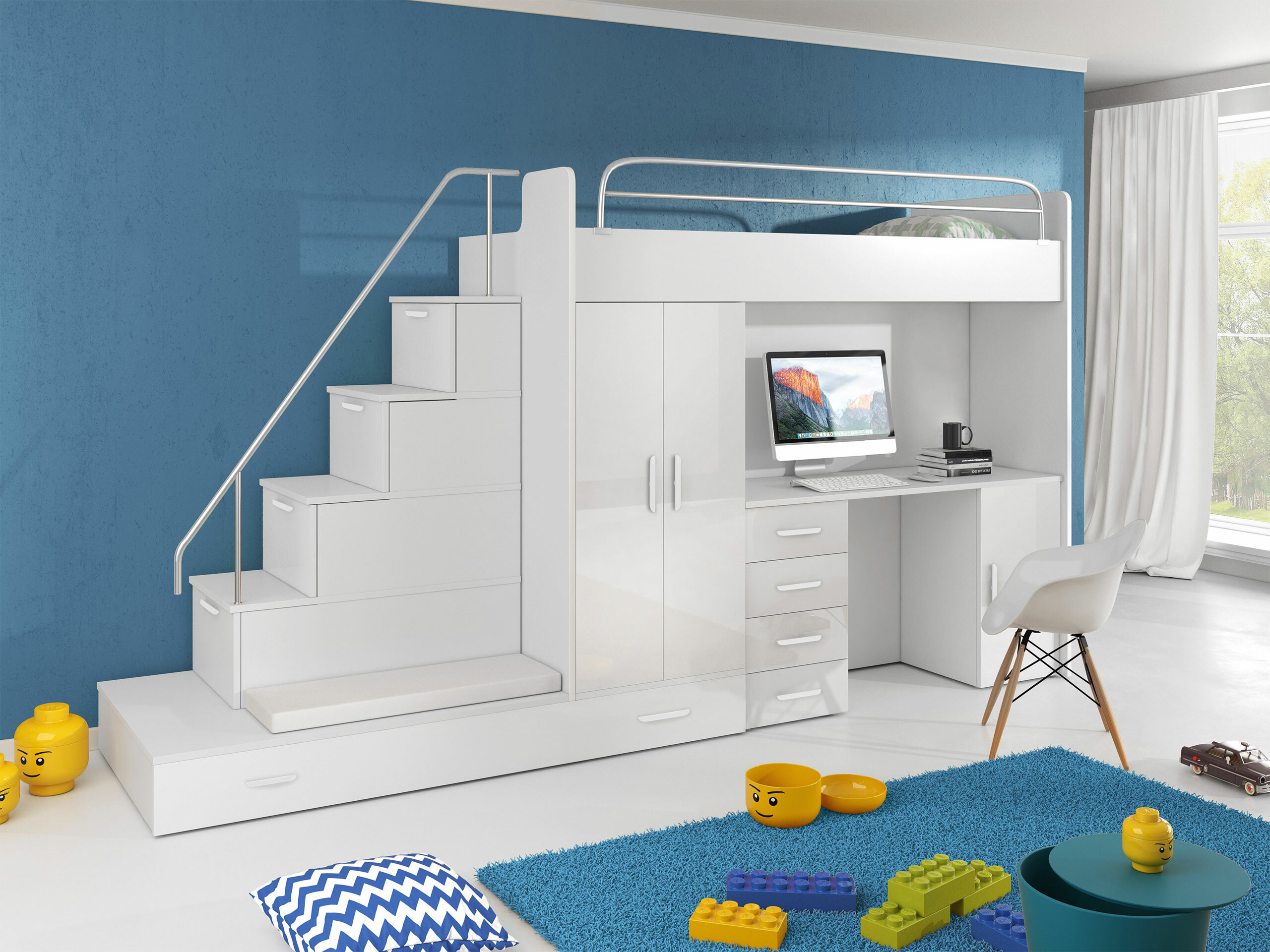 Set Camerette per bambini Campus I (Bianco + Bianco lucido)
