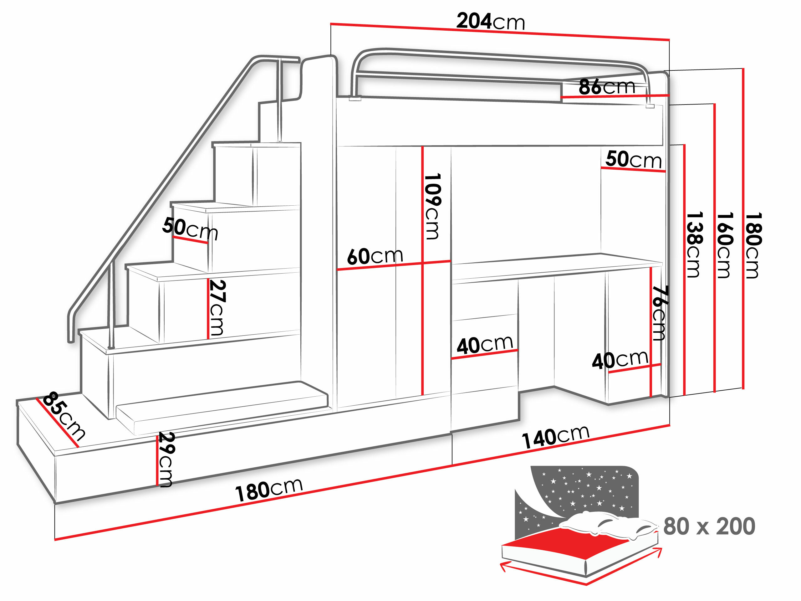 Set Camerette per bambini Campus I (Bianco + Bianco lucido)