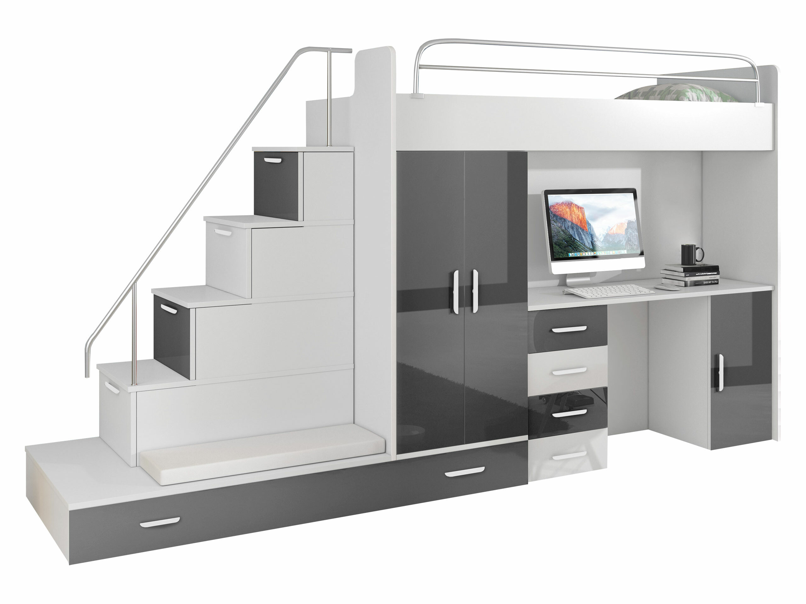 Set Camerette per bambini Salmere 100 (Bianco + Bianco lucido + Grigio lucido)