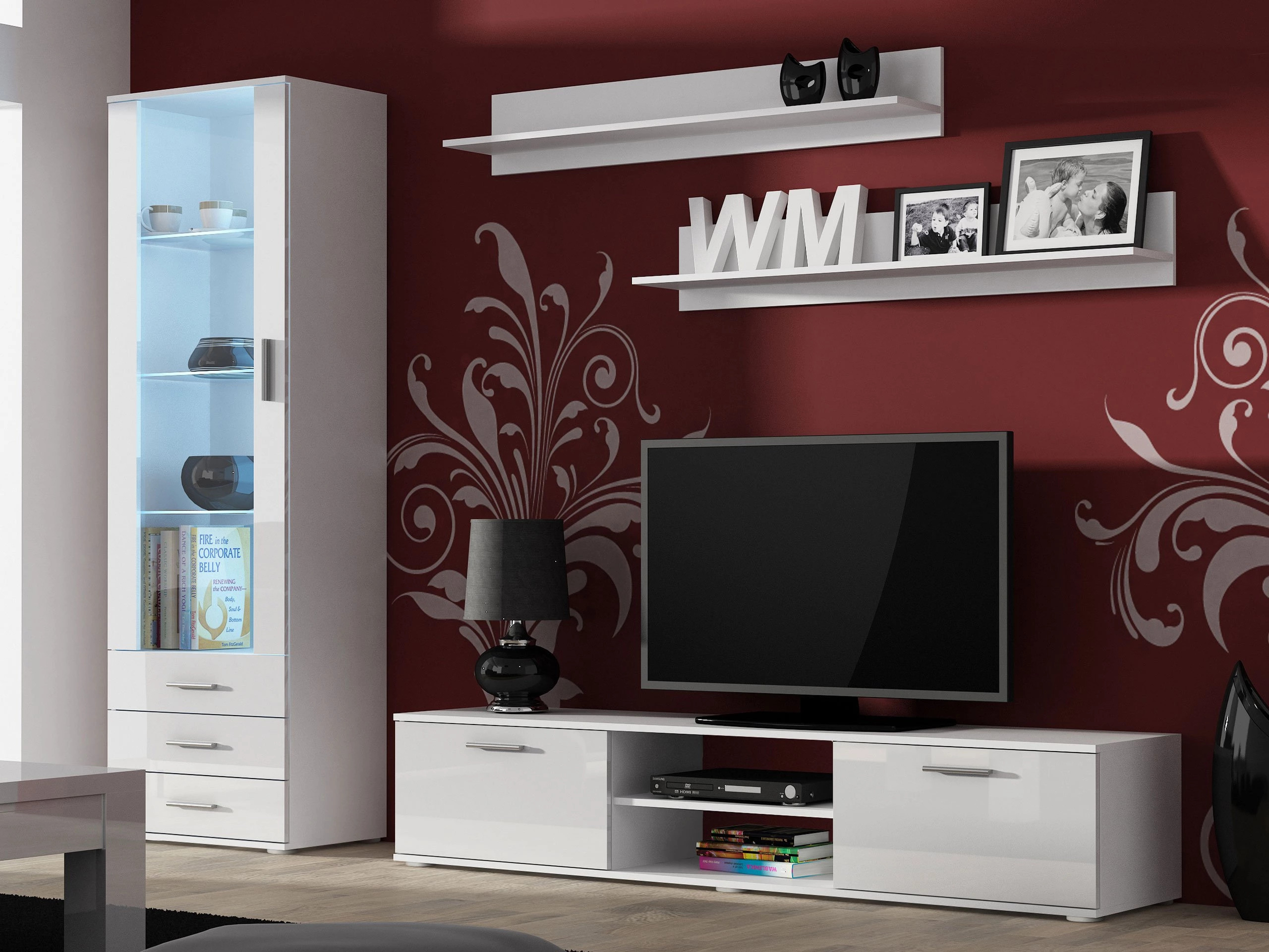 Parete attrezzata Tornola 107 (Bianco + Bianco lucido)