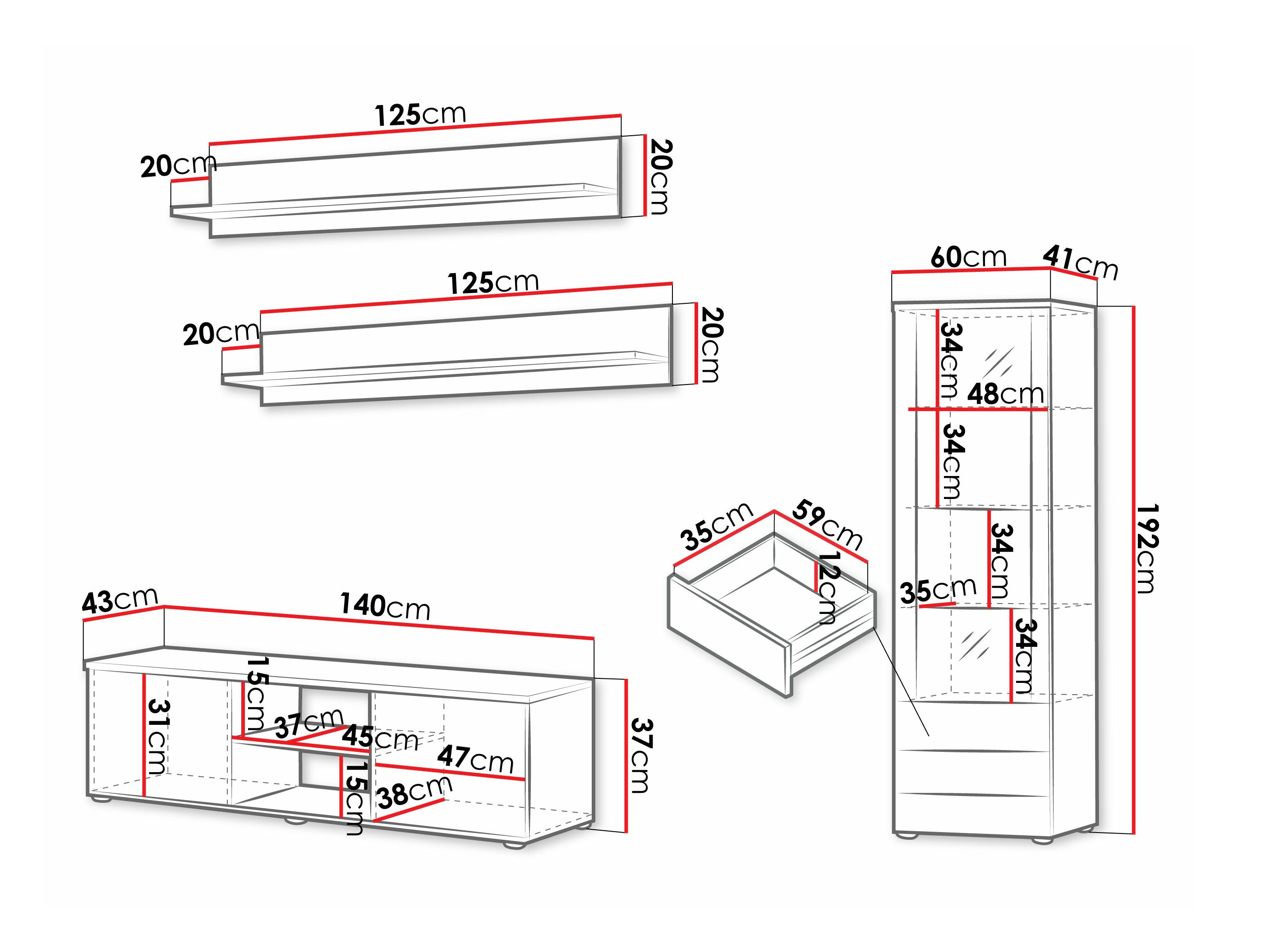 Parete attrezzata Tornola 110 (Bianco + Bianco lucido)