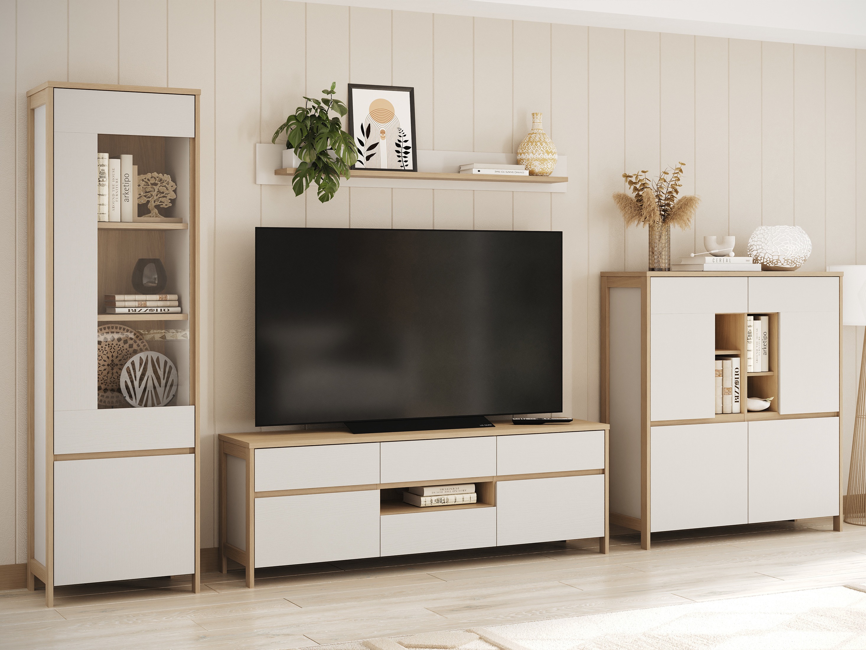 Parete attrezzata Fermaru 110 (Bianco + Quercia)