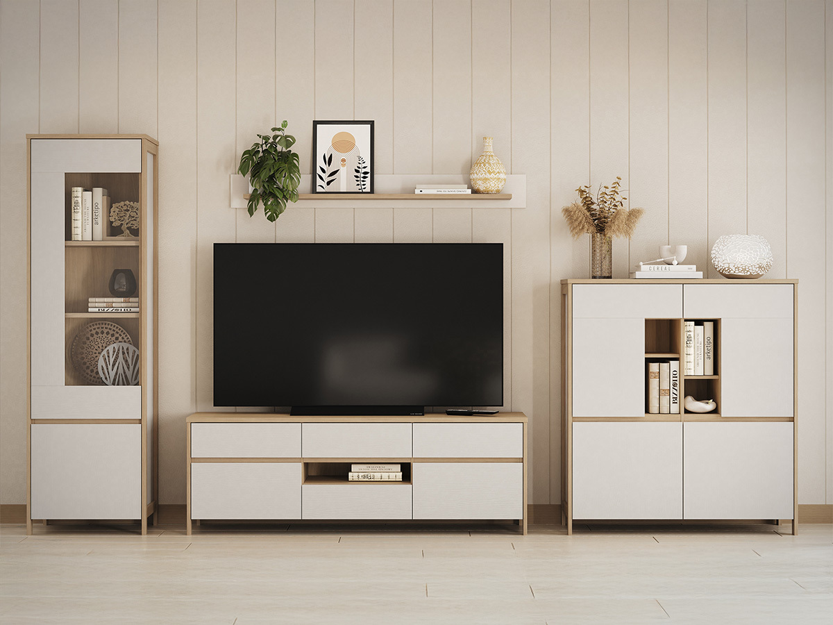 Parete attrezzata Fermaru 110 (Bianco + Quercia)