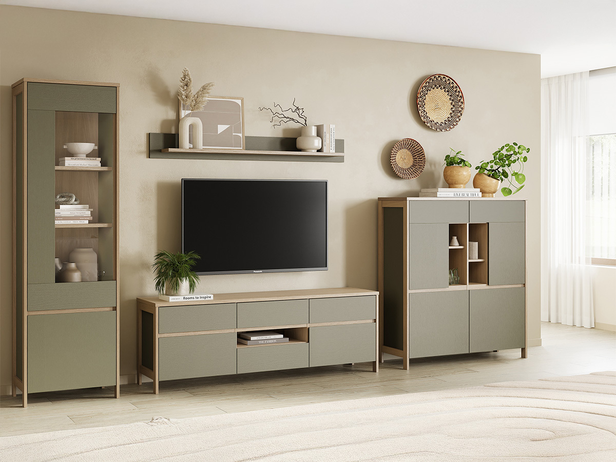 Parete attrezzata Fermaru 110 (Verde polveroso + Quercia)