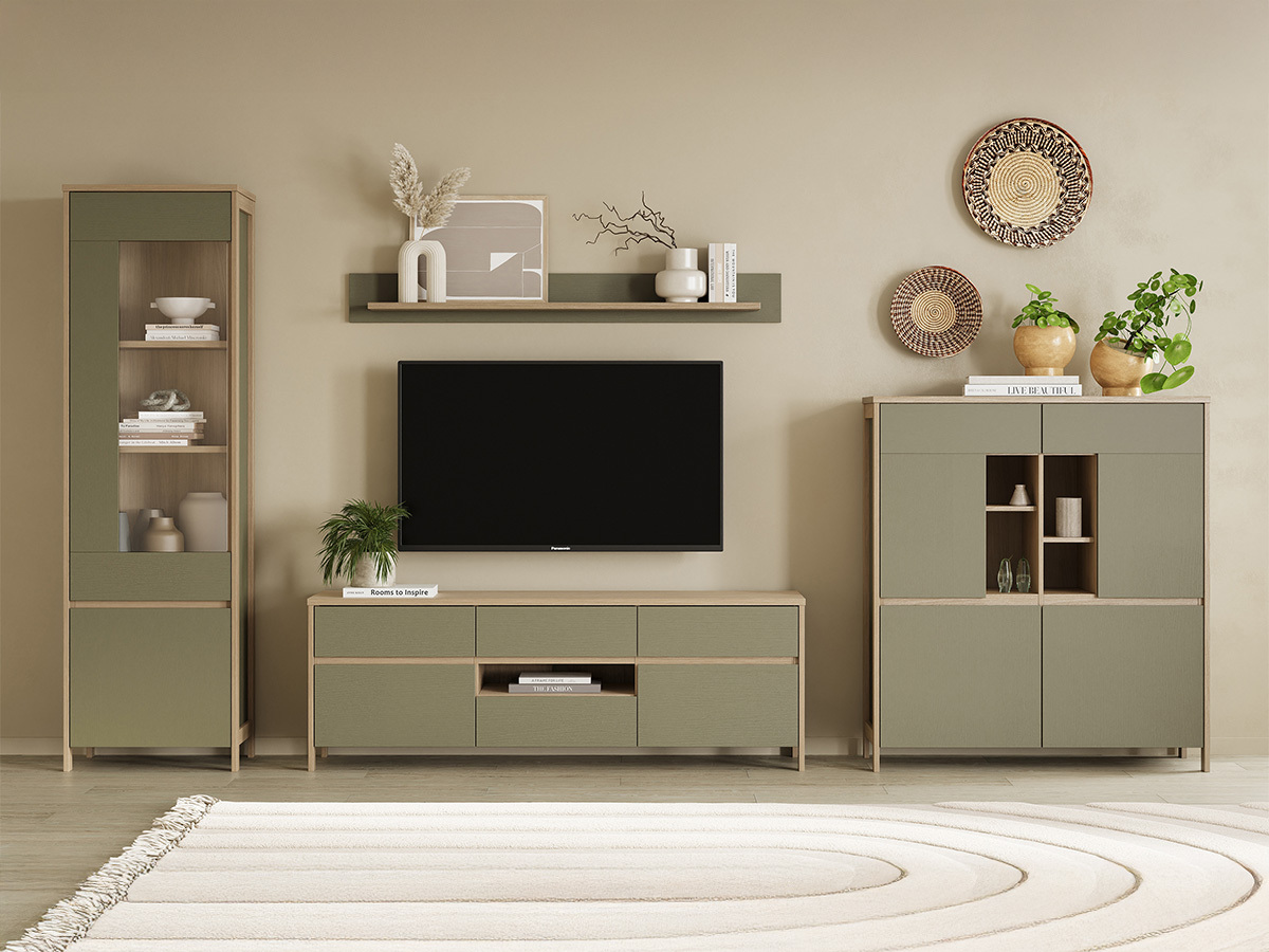 Parete attrezzata Fermaru 110 (Verde polveroso + Quercia)