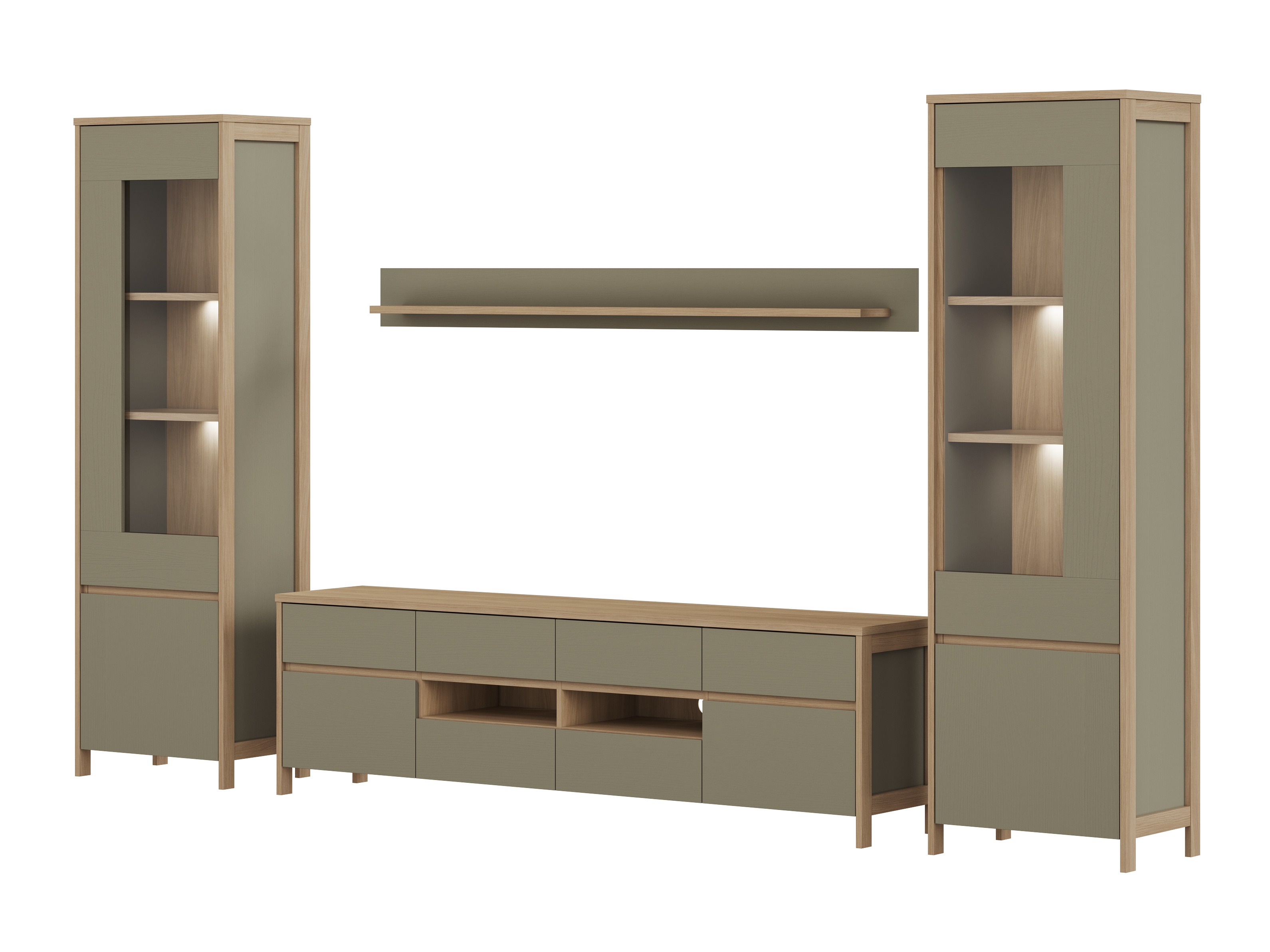 Parete attrezzata Fermaru 111 (Verde polveroso + Quercia)