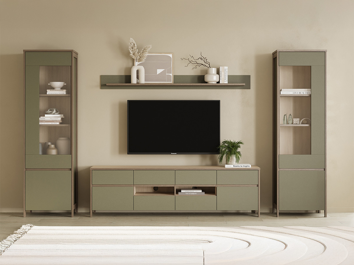 Parete attrezzata Fermaru 111 (Verde polveroso + Quercia)