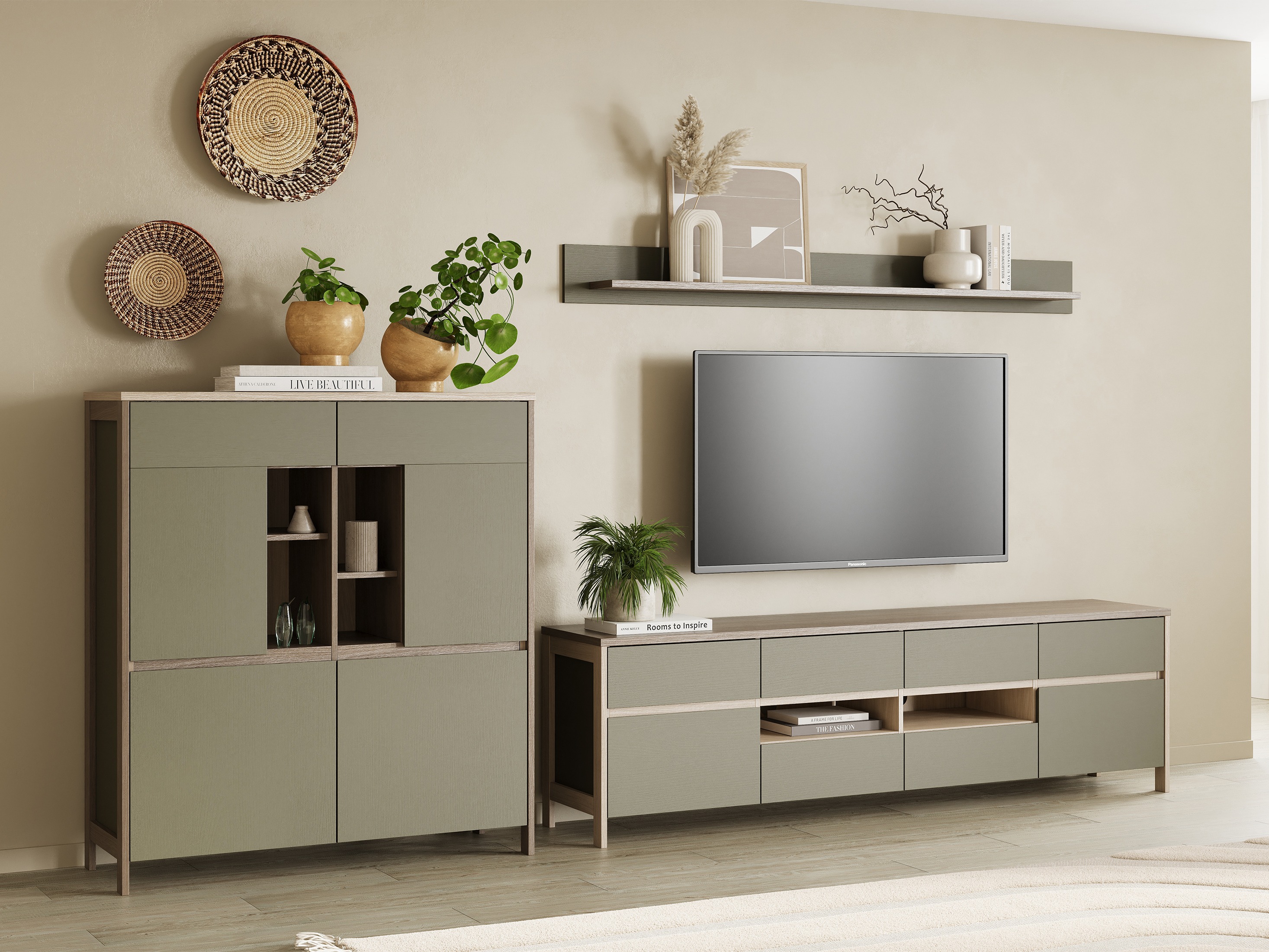 Parete attrezzata Fermaru 112 (Verde polveroso + Quercia)