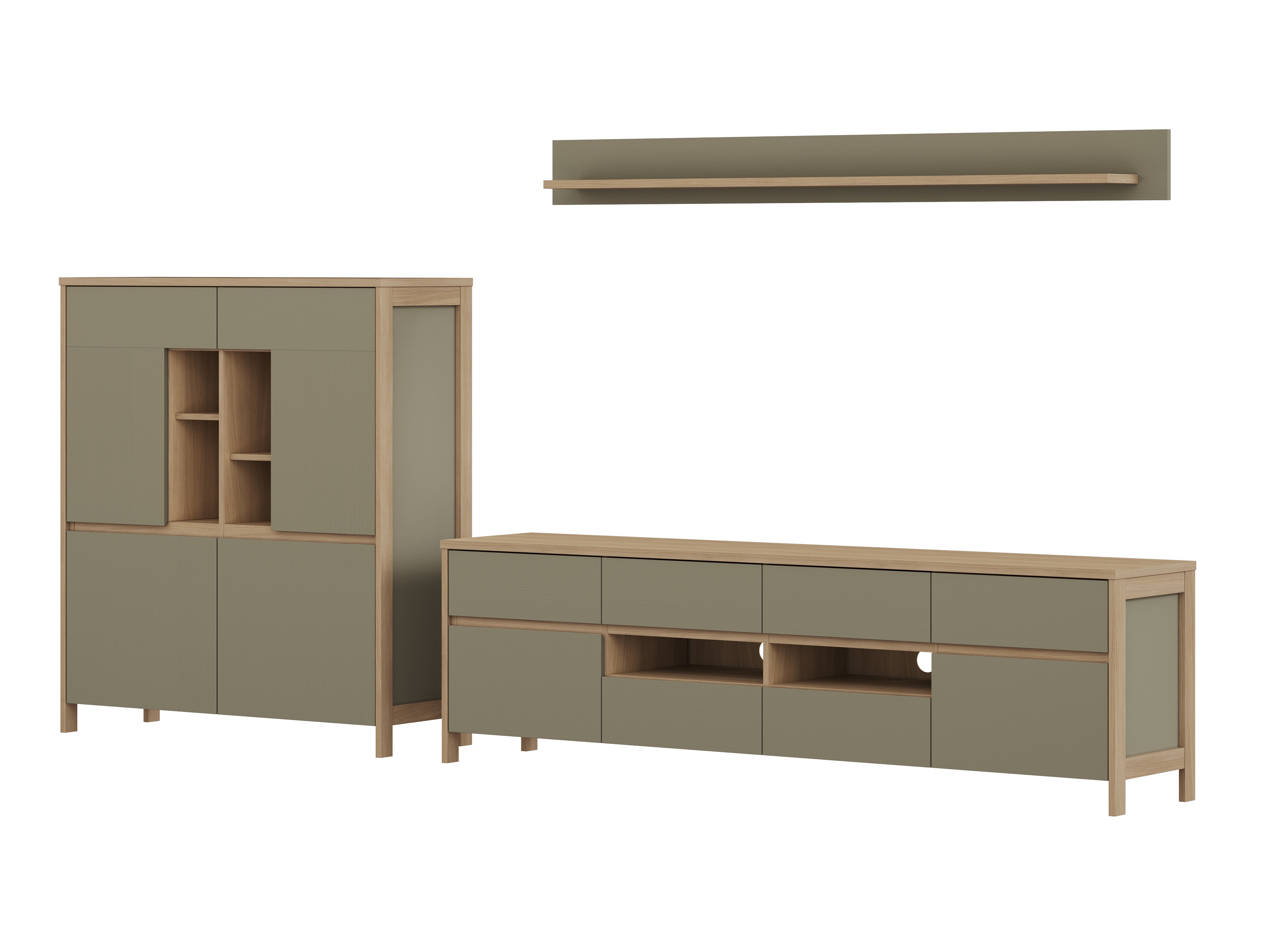 Parete attrezzata Fermaru 112 (Verde polveroso + Quercia)