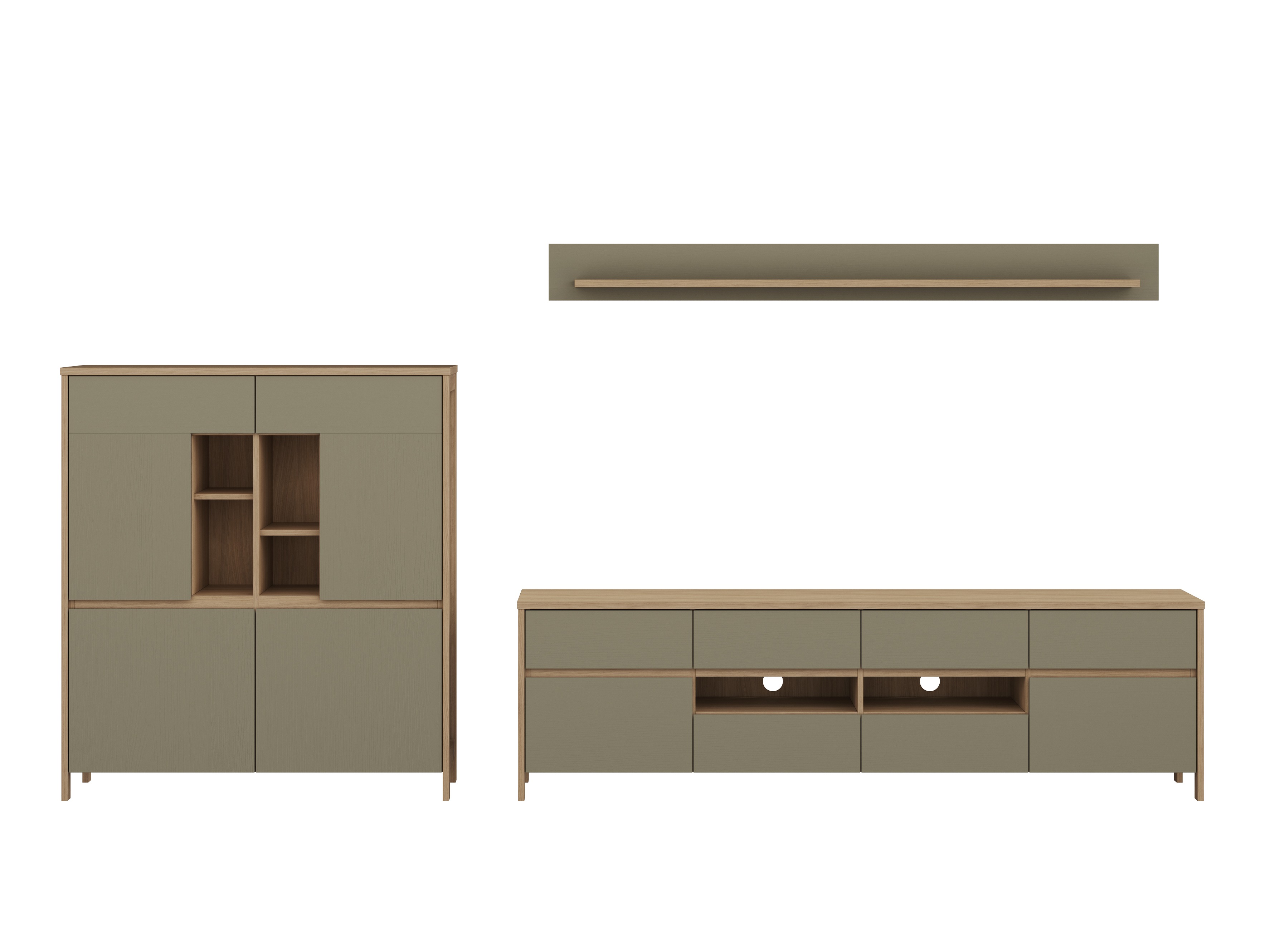 Parete attrezzata Fermaru 112 (Verde polveroso + Quercia)