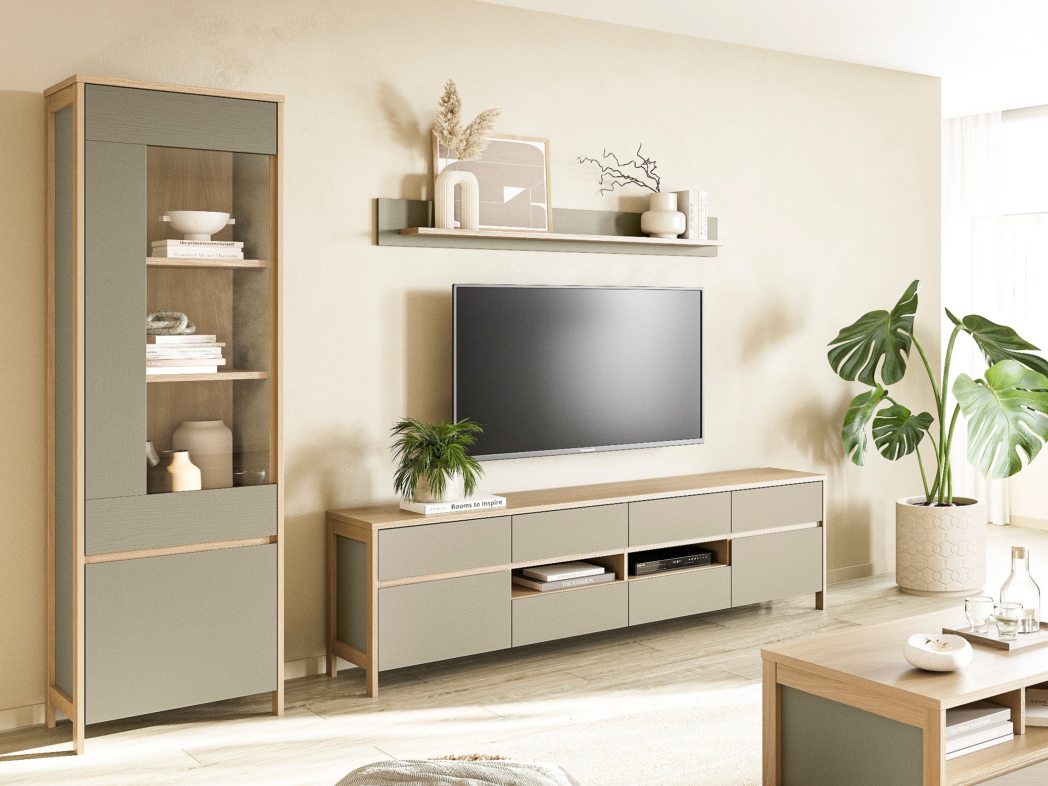 Parete attrezzata Fermaru 113 (Verde polveroso + Quercia)