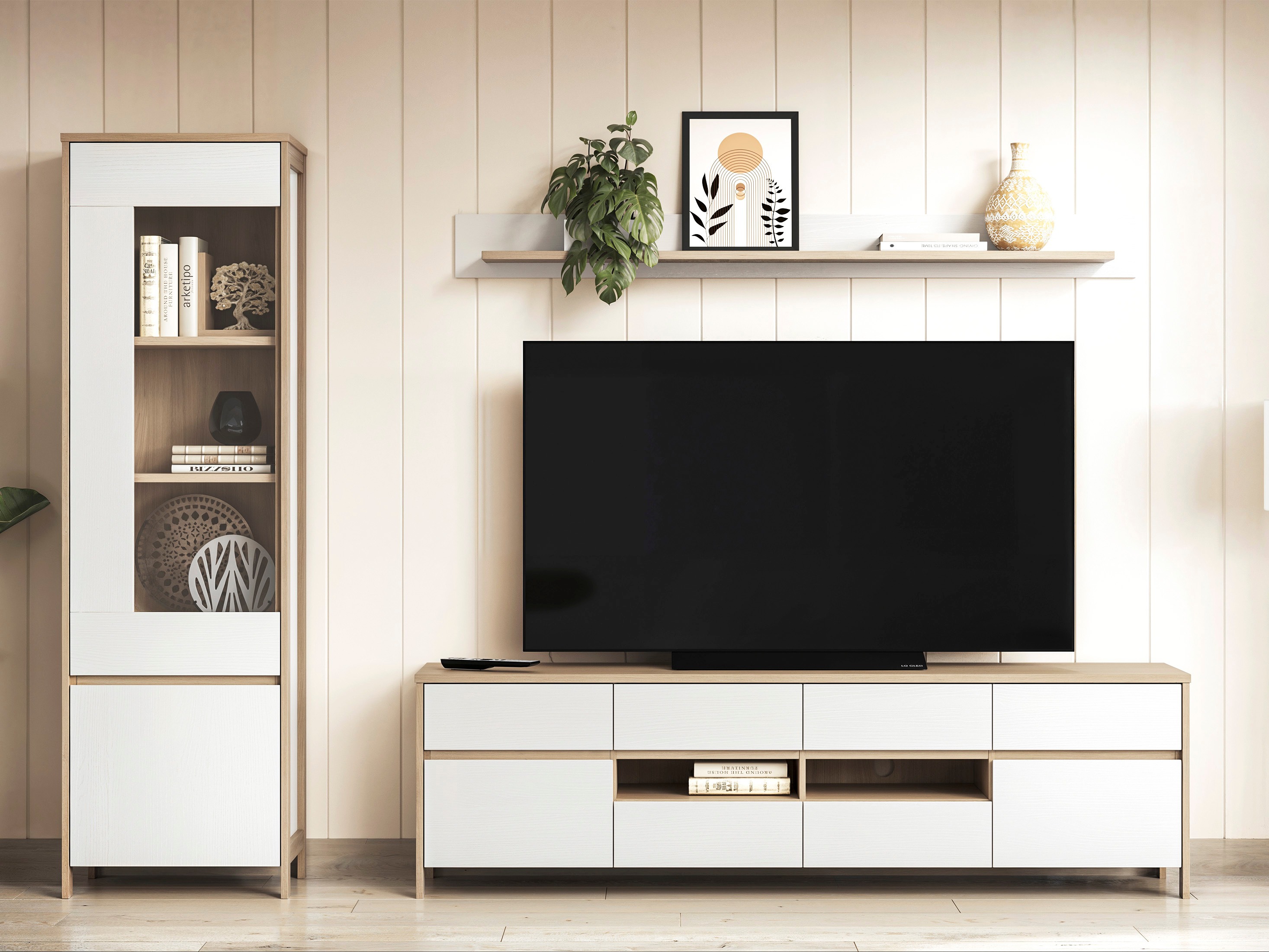 Parete attrezzata Fermaru 113 (Bianco + Quercia)