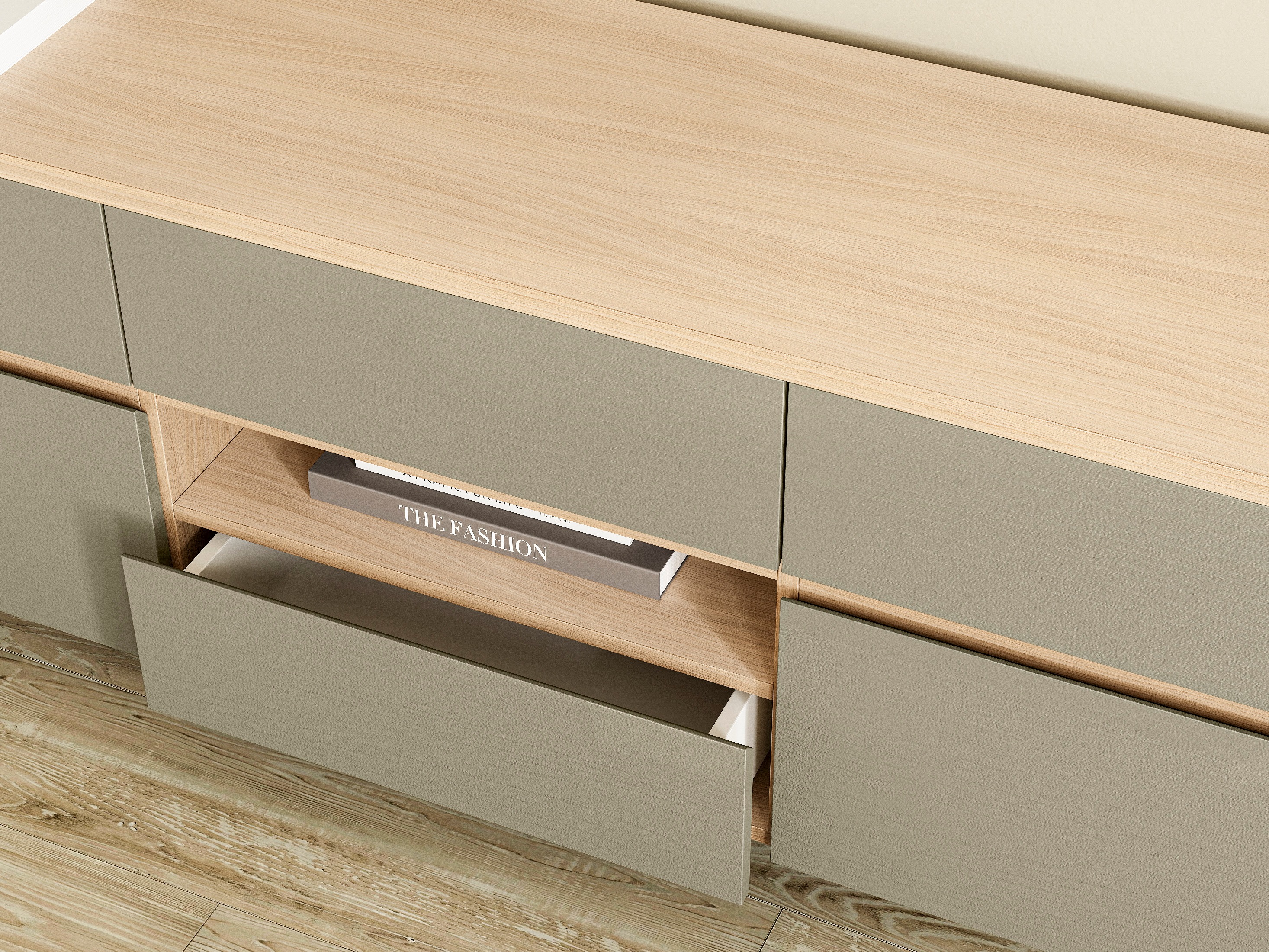 Parete attrezzata Fermaru 112 (Verde polveroso + Quercia)