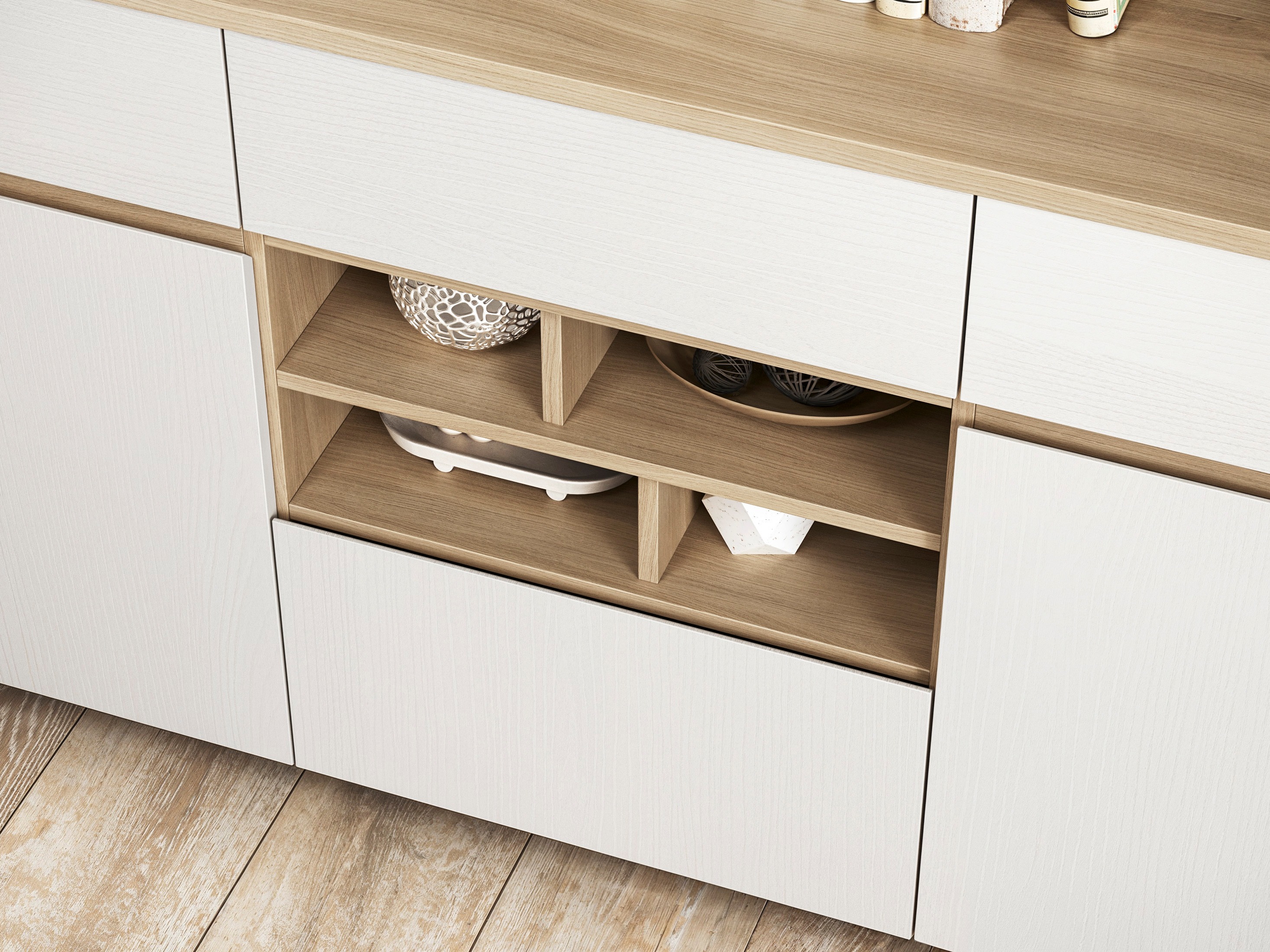 Parete attrezzata Fermaru 113 (Bianco + Quercia)