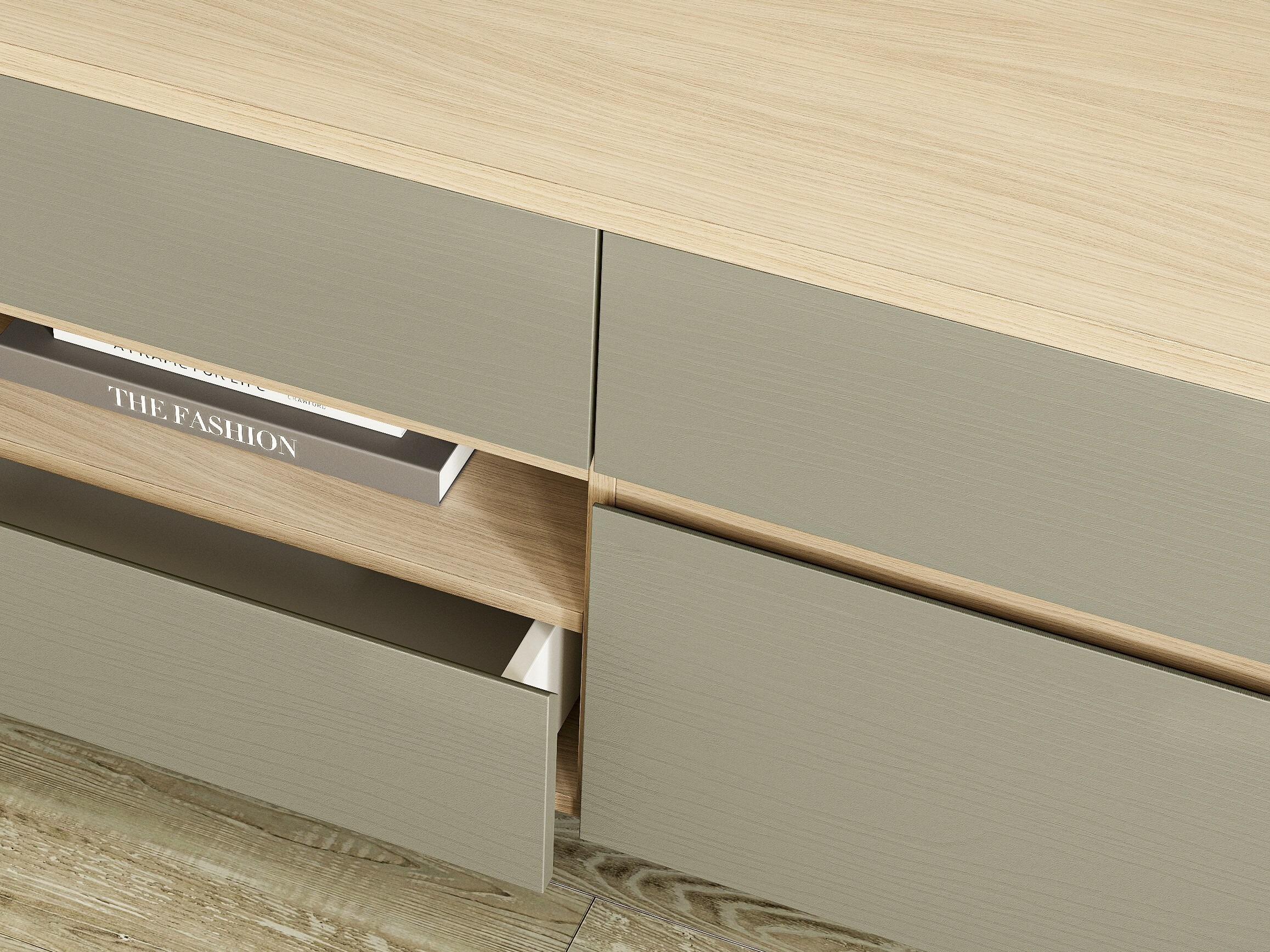 Parete attrezzata Fermaru 113 (Verde polveroso + Quercia)