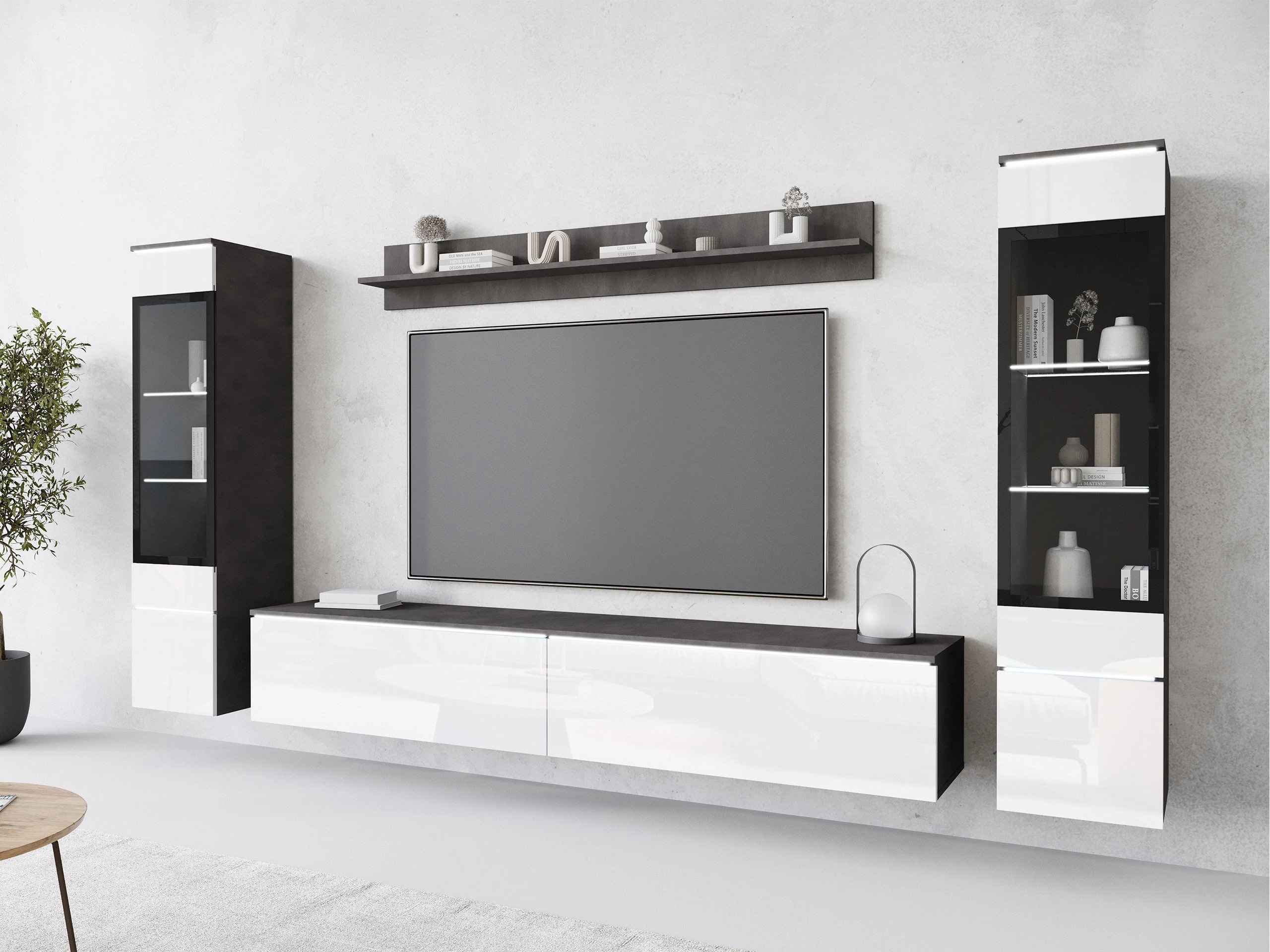 Parete attrezzata Mirfivo 101 (Matera grigio + Bianco lucido)