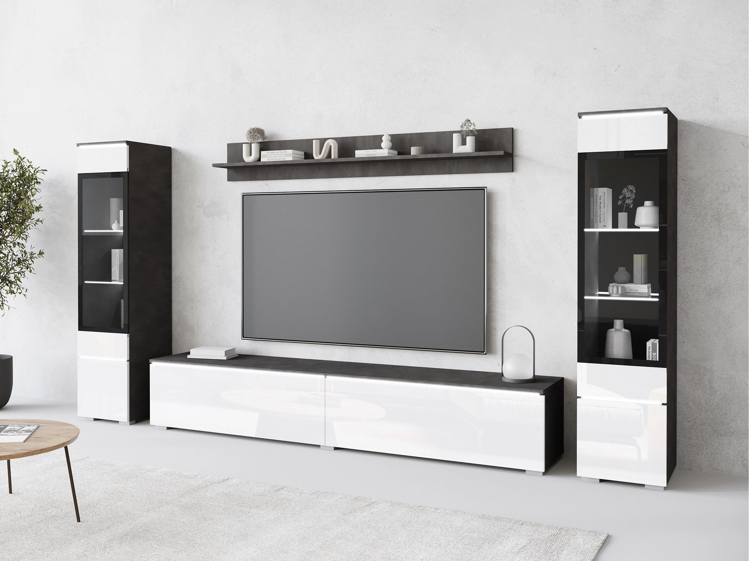 Parete attrezzata Mirfivo 101 (Matera grigio + Bianco lucido)