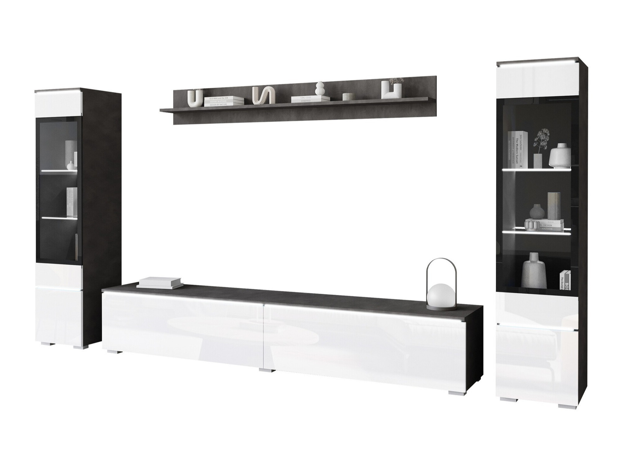 Parete attrezzata Mirfivo 101 (Matera grigio + Bianco lucido)