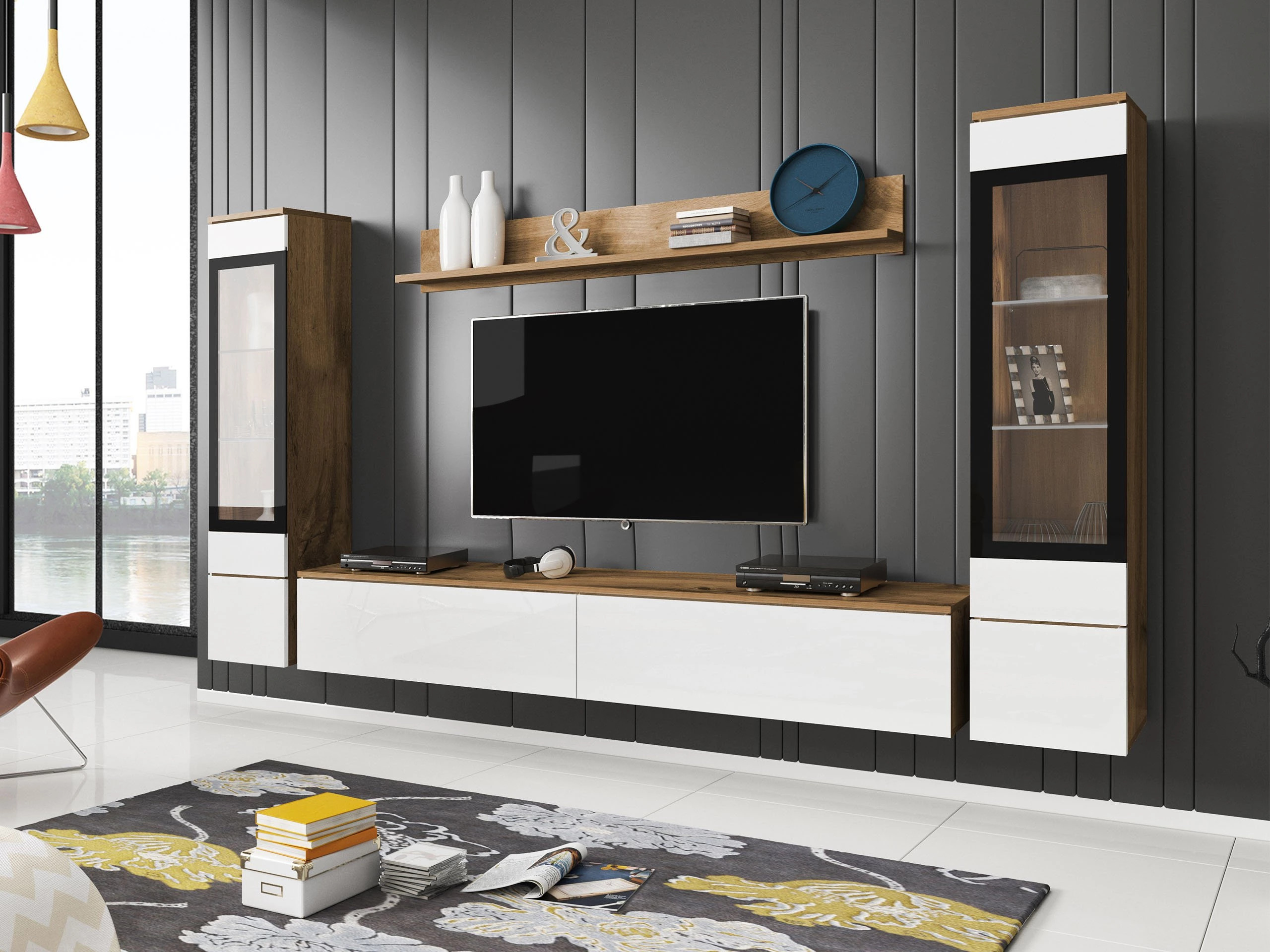 Parete attrezzata Sarasota 126 (Quercia di Wotan + Bianco lucido)