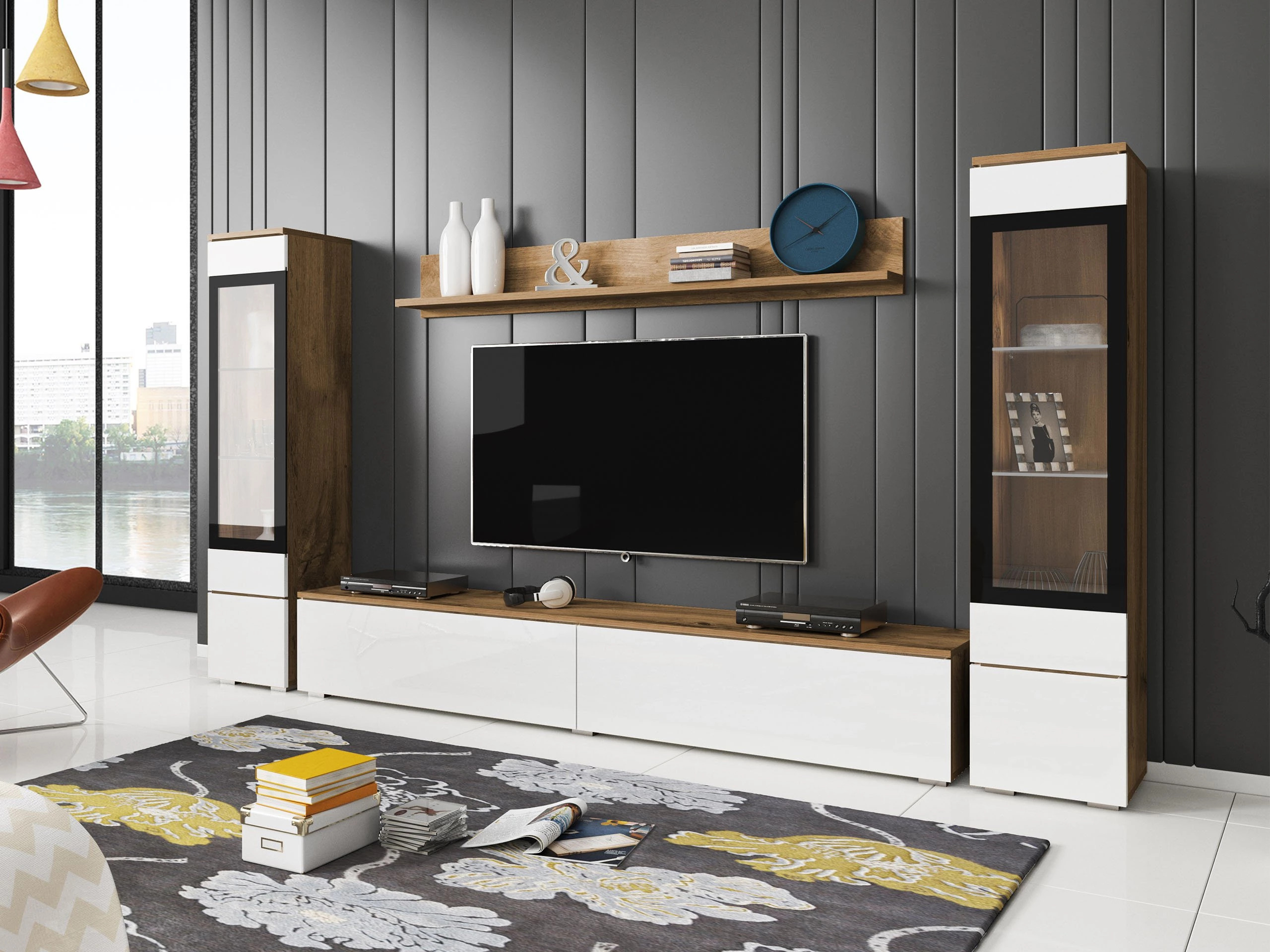 Parete attrezzata Sarasota 126 (Quercia di Wotan + Bianco lucido)