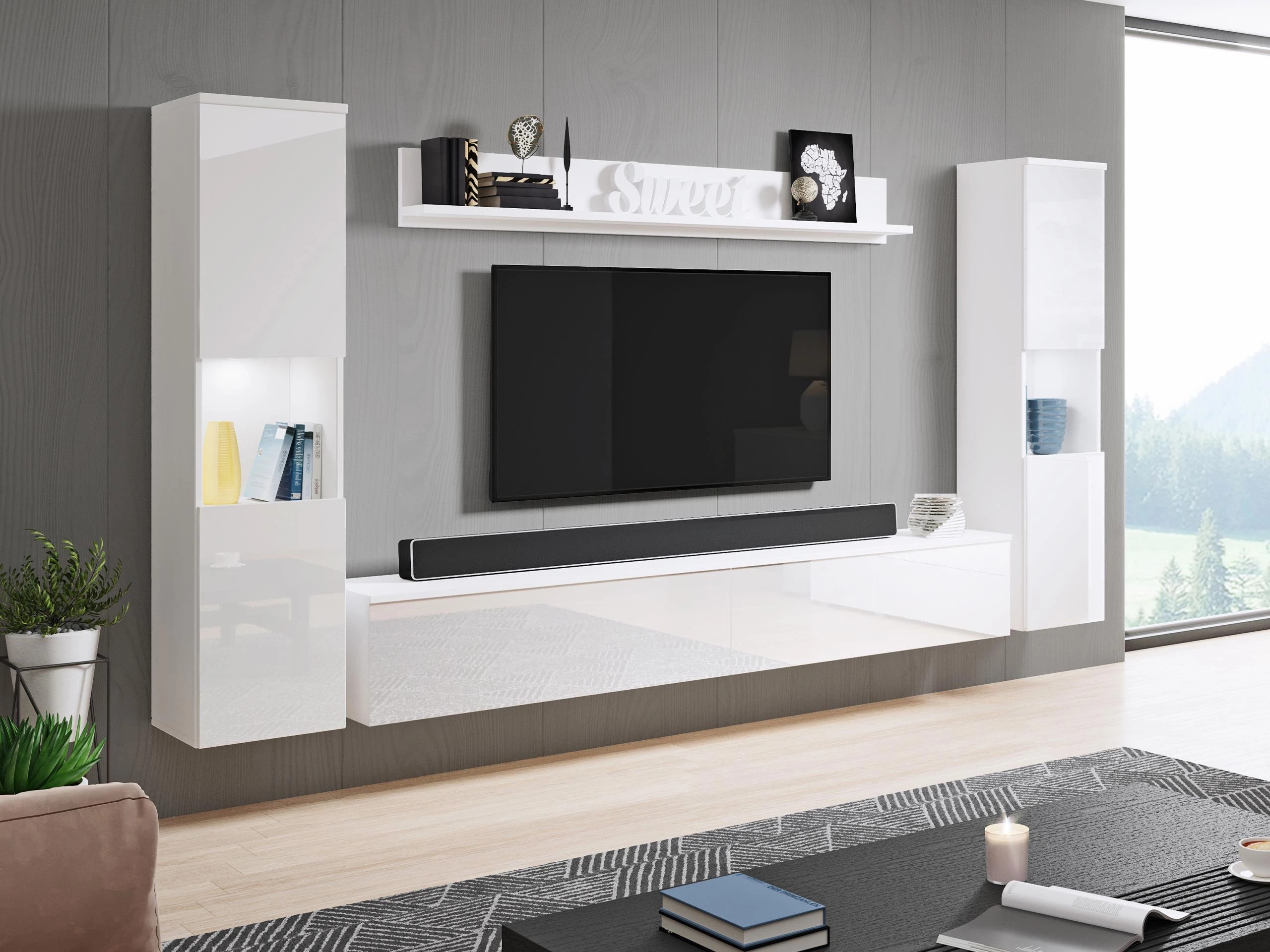 Parete attrezzata Sarasota 131 (Bianco + Bianco lucido)